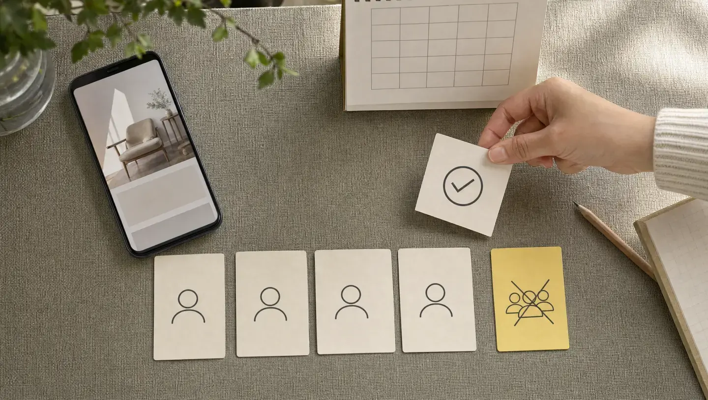 Een hand legt een contactkaart apart naast een telefoon en een kleine kalender