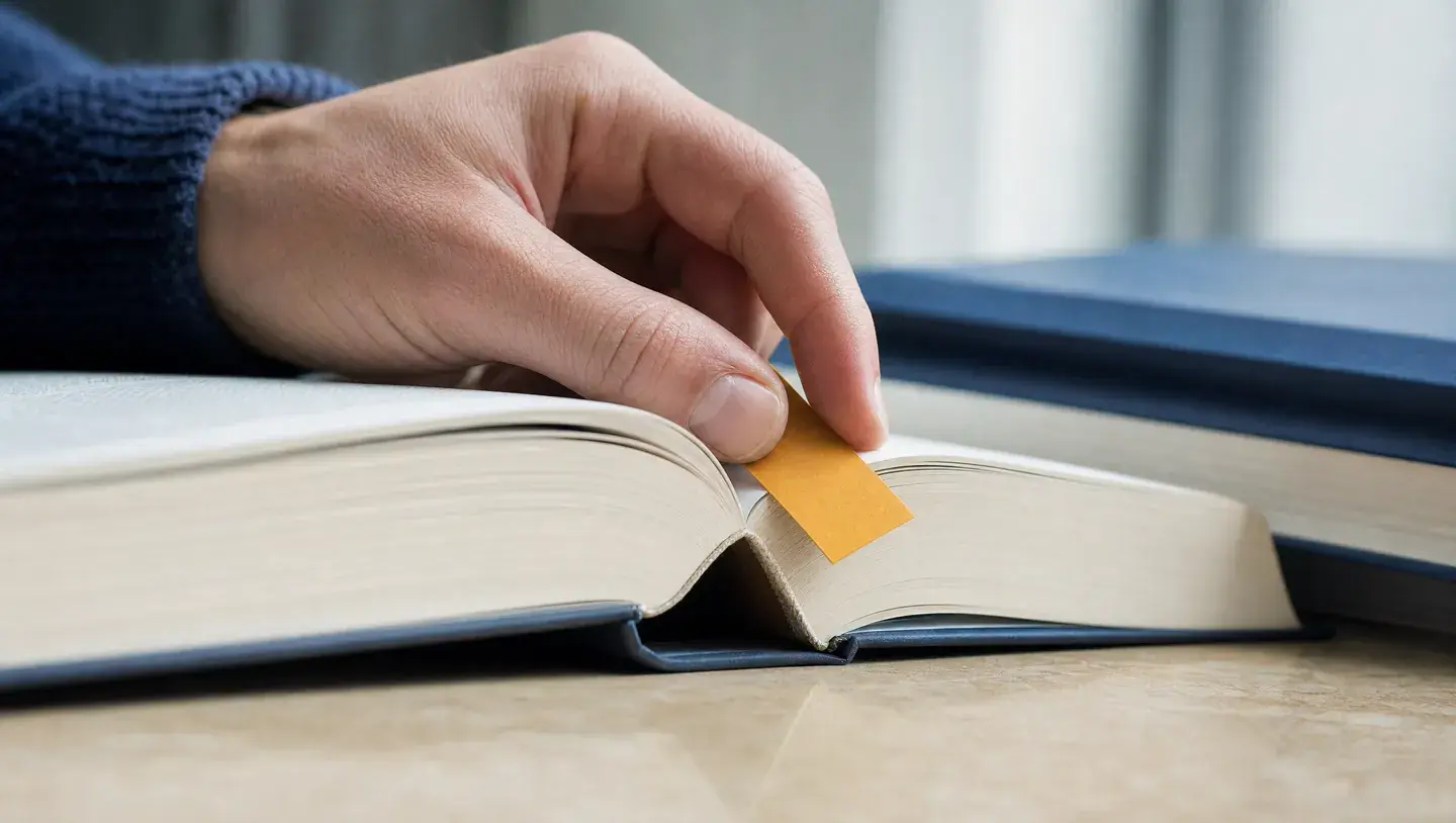 Close-up van een hand die een gele bladwijzer in een opengeslagen naslagwerk plaatst