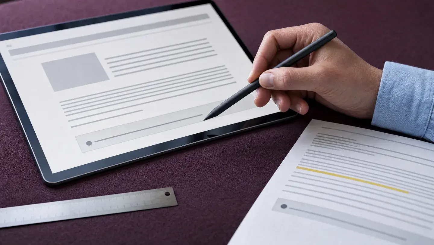 Een hand vergelijkt met een stylus een passage op een tablet met een gemarkeerde papieren bron