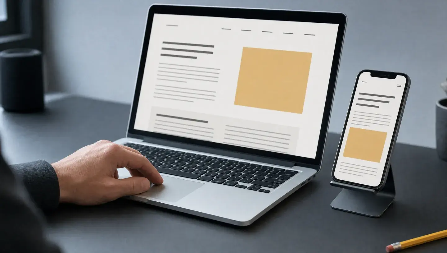 Een hand bedient een laptop naast een telefoon die dezelfde pagina in een smallere indeling toont