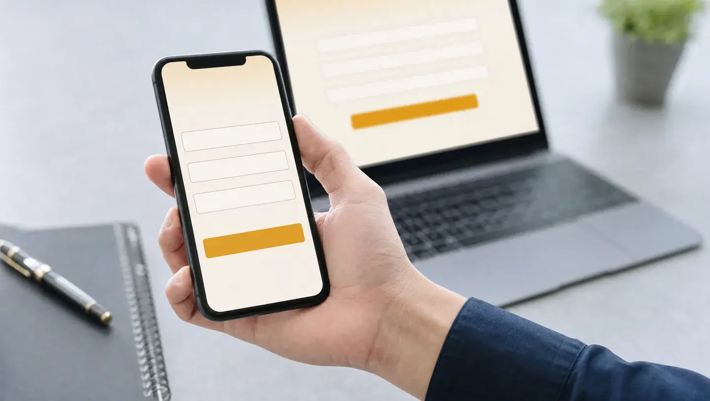Een hand houdt een telefoon met een eenvoudig formulier vast voor een laptop met dezelfde gele verzendknop