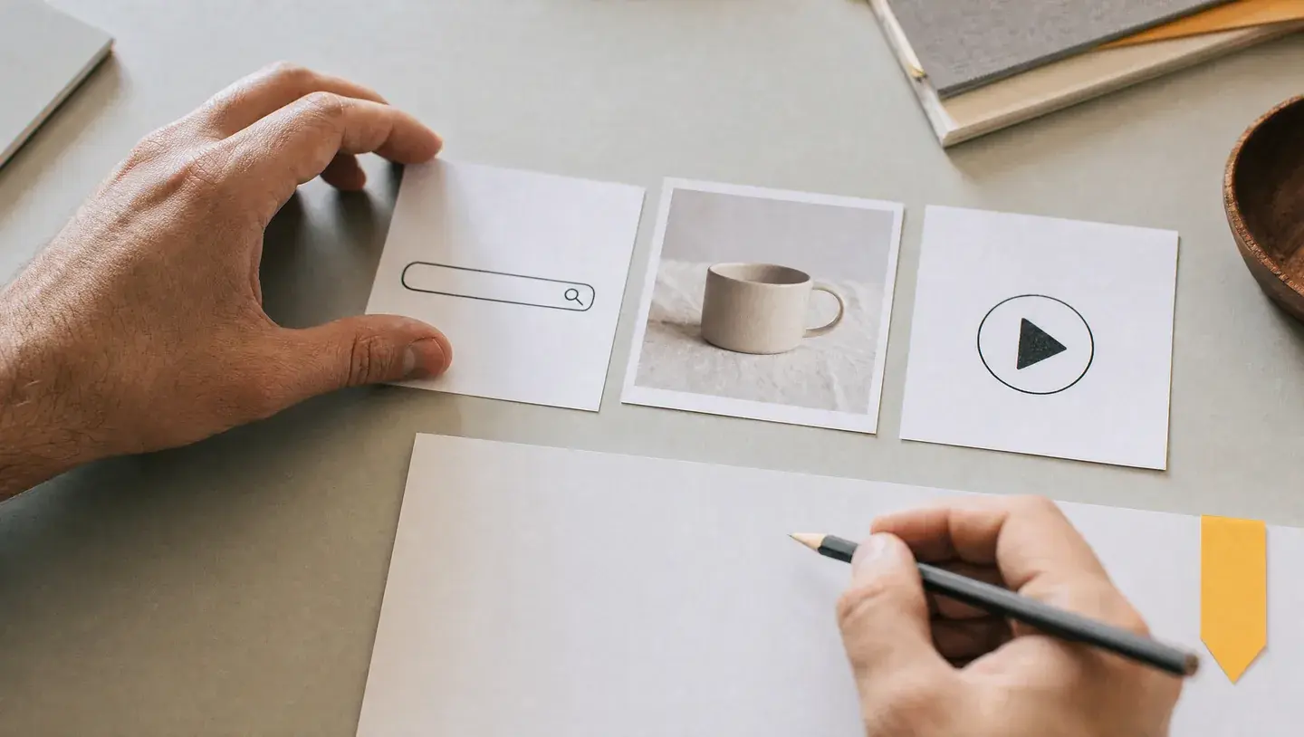 Handen ordenen kaarten met een zoekbalk, productfoto en afspeelsymbool op een werktafel