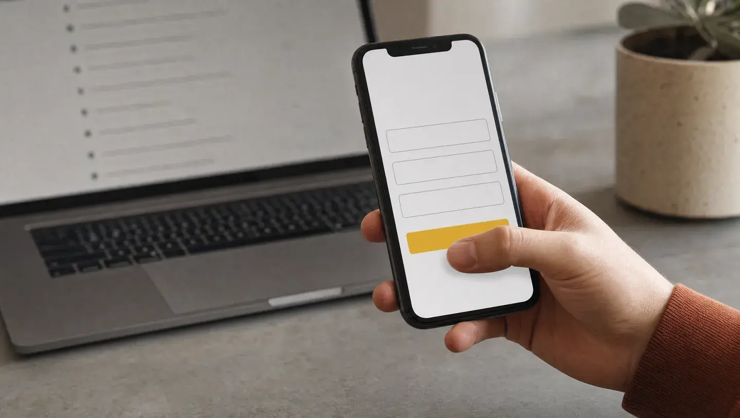 Een hand houdt een telefoon met een eenvoudig contactformulier en gele knop vast, met een laptop op de achtergrond