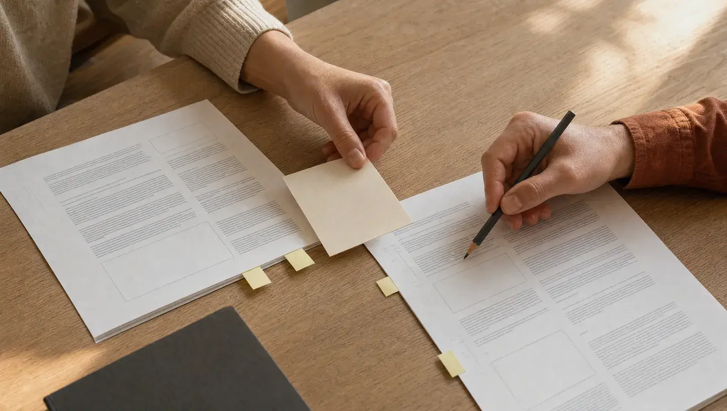 Handen ordenen bronmateriaal en bespreken een aantekening op gedrukte researchbladen aan een houten tafel