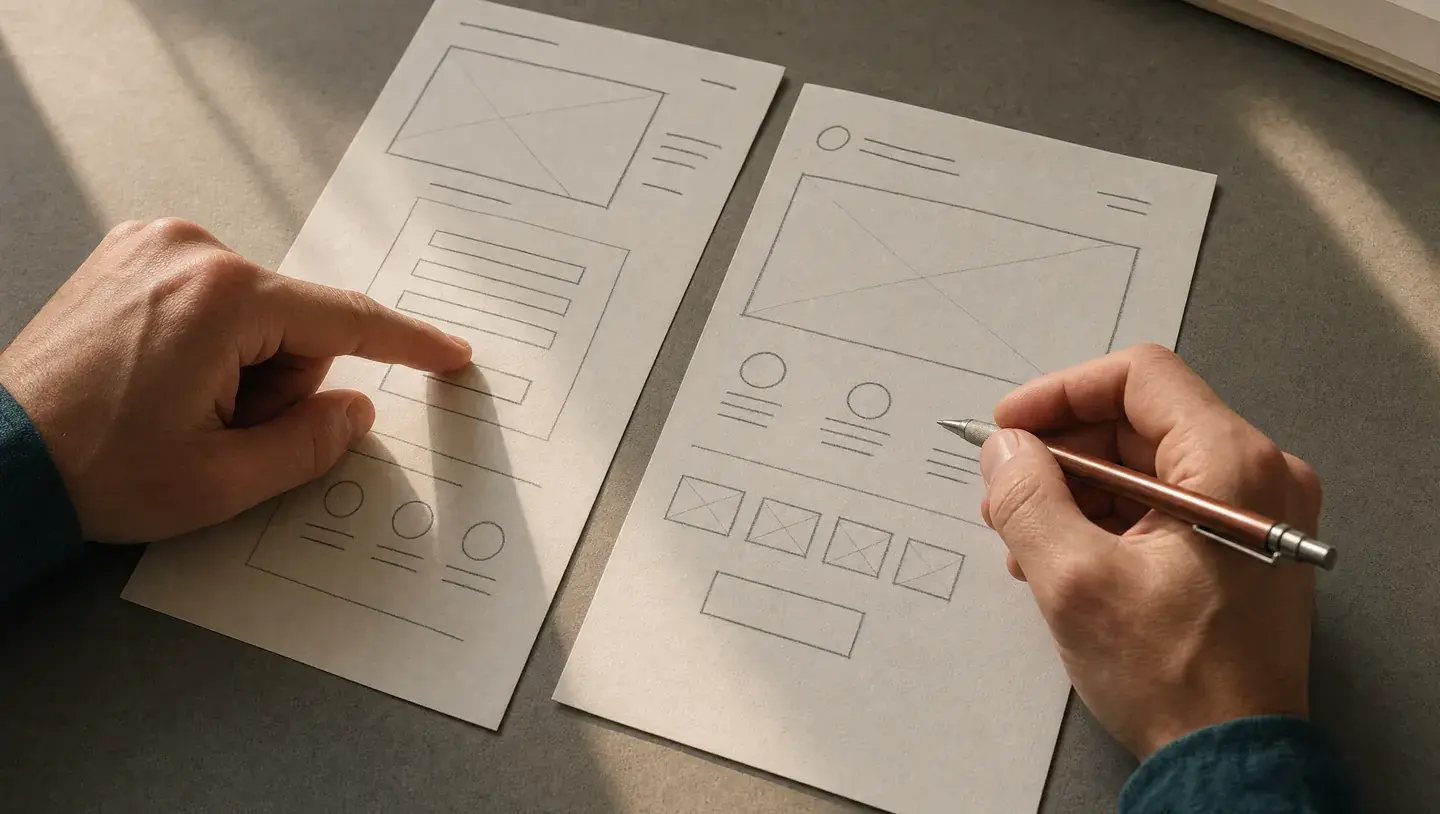 Handen vergelijken twee papieren paginaontwerpen en wijzen de plaats van een formulier aan
