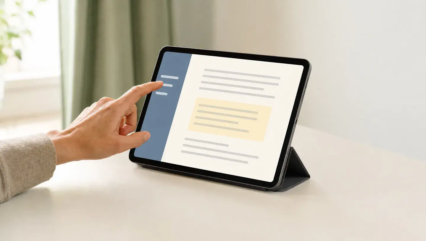 Een hand kiest een navigatie-item op een tablet met een eenvoudige pagina-indeling naast een raam