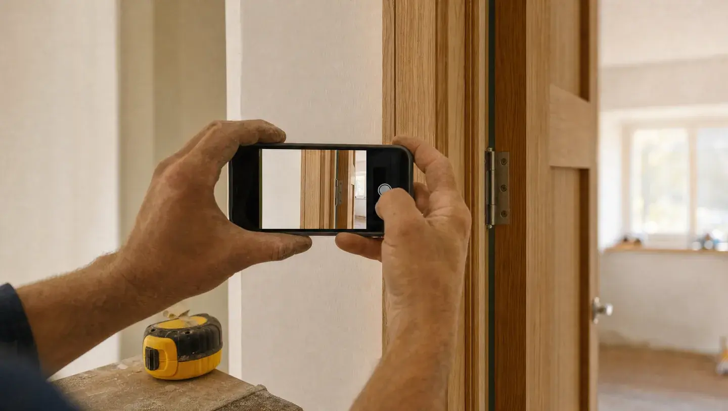 Handen fotograferen met een telefoon de afwerking van een houten deurkozijn