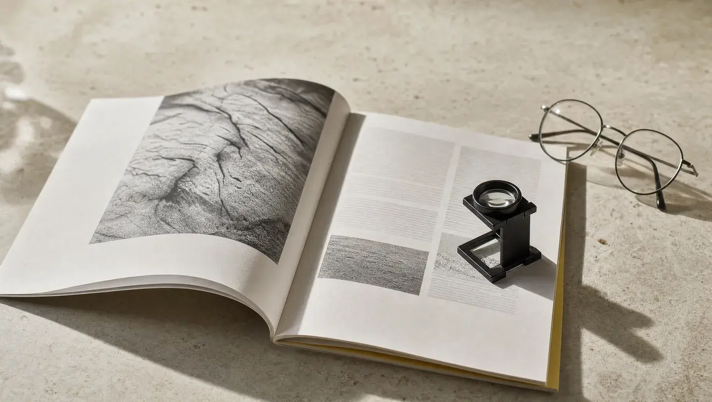 Een tijdschrift, vergrootglas en bronmateriaal liggen klaar voor redactionele controle