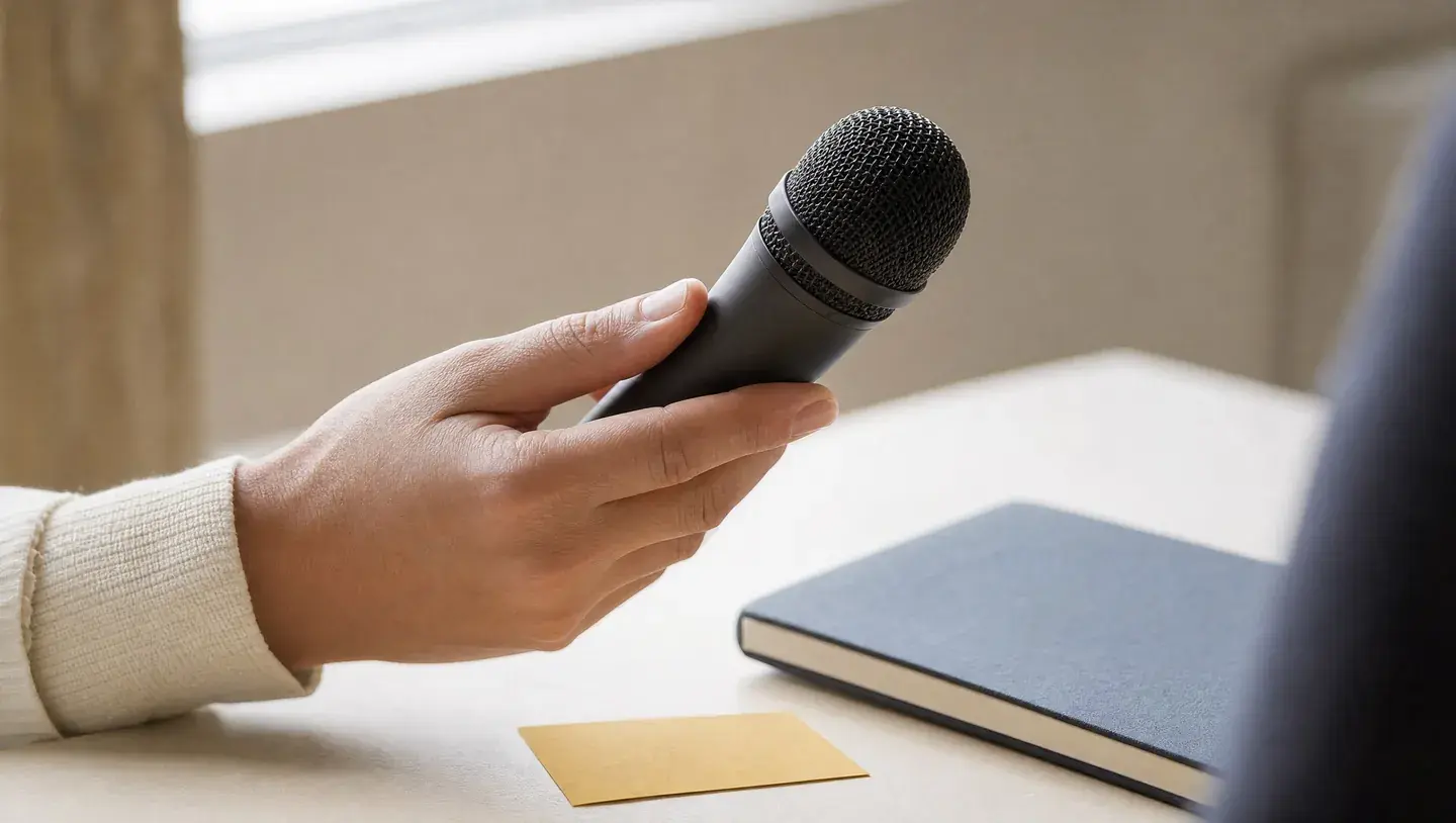 Een hand houdt een microfoon bij een gesprekspartner naast een donker notitieboek