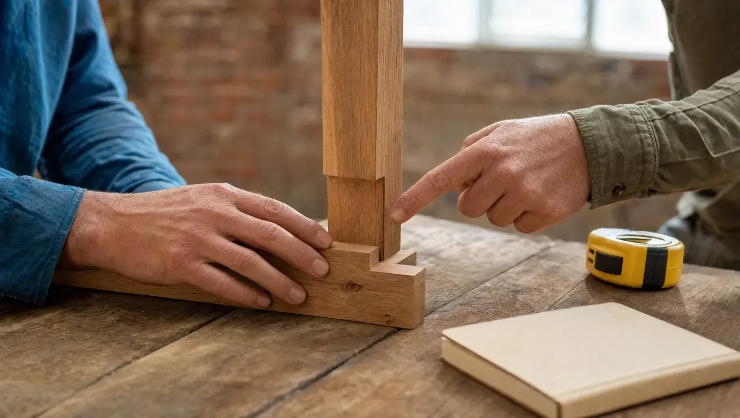 Twee handen wijzen een houten verbinding aan op een werkbank met een gele rolmaat
