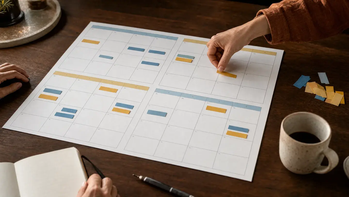 Handen leggen gele en blauwe plankaartjes op een papieren kalender op een houten tafel