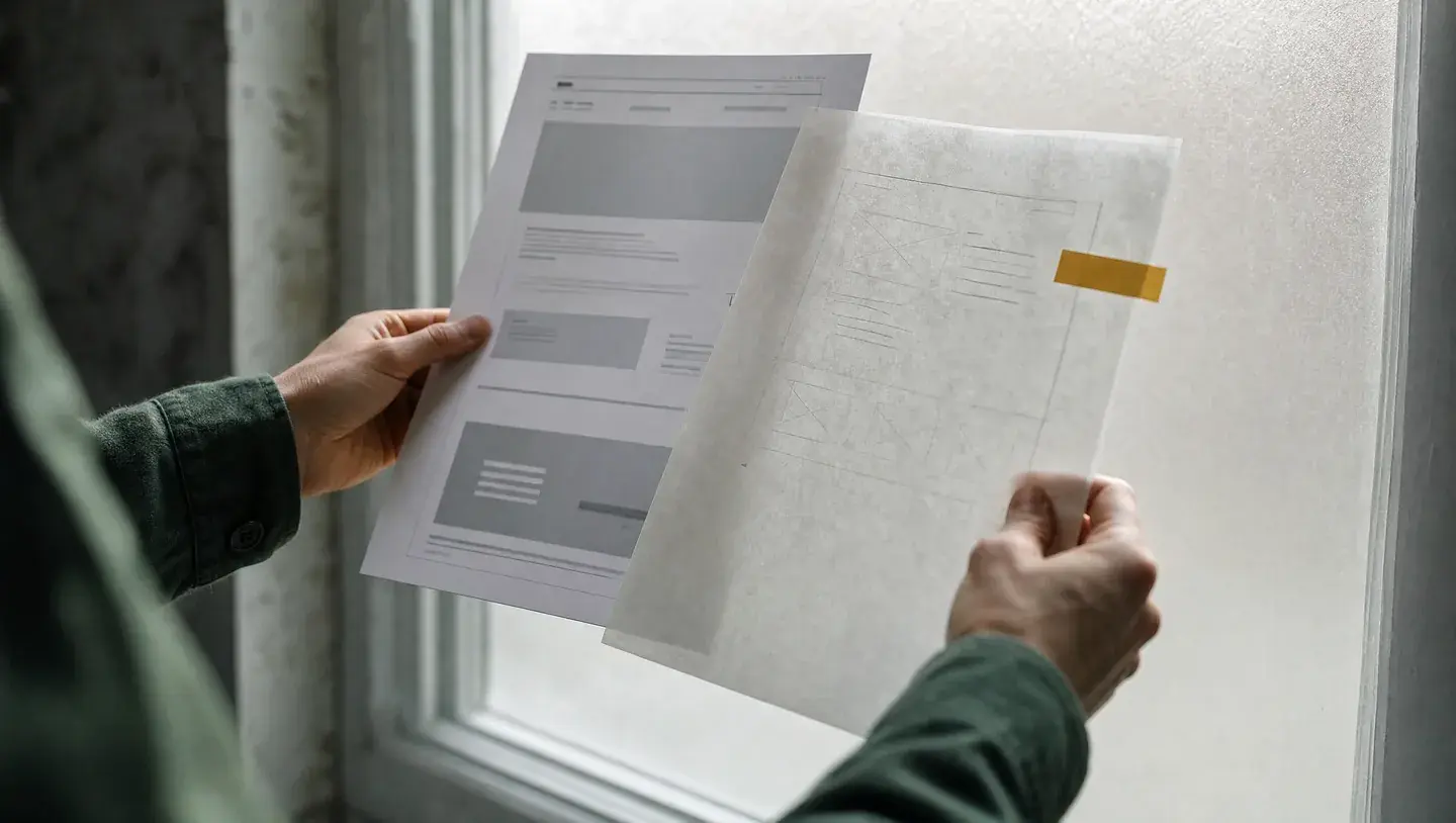 Handen vergelijken een afgedrukte webpagina met een doorschijnende ontwerpschets bij een raam