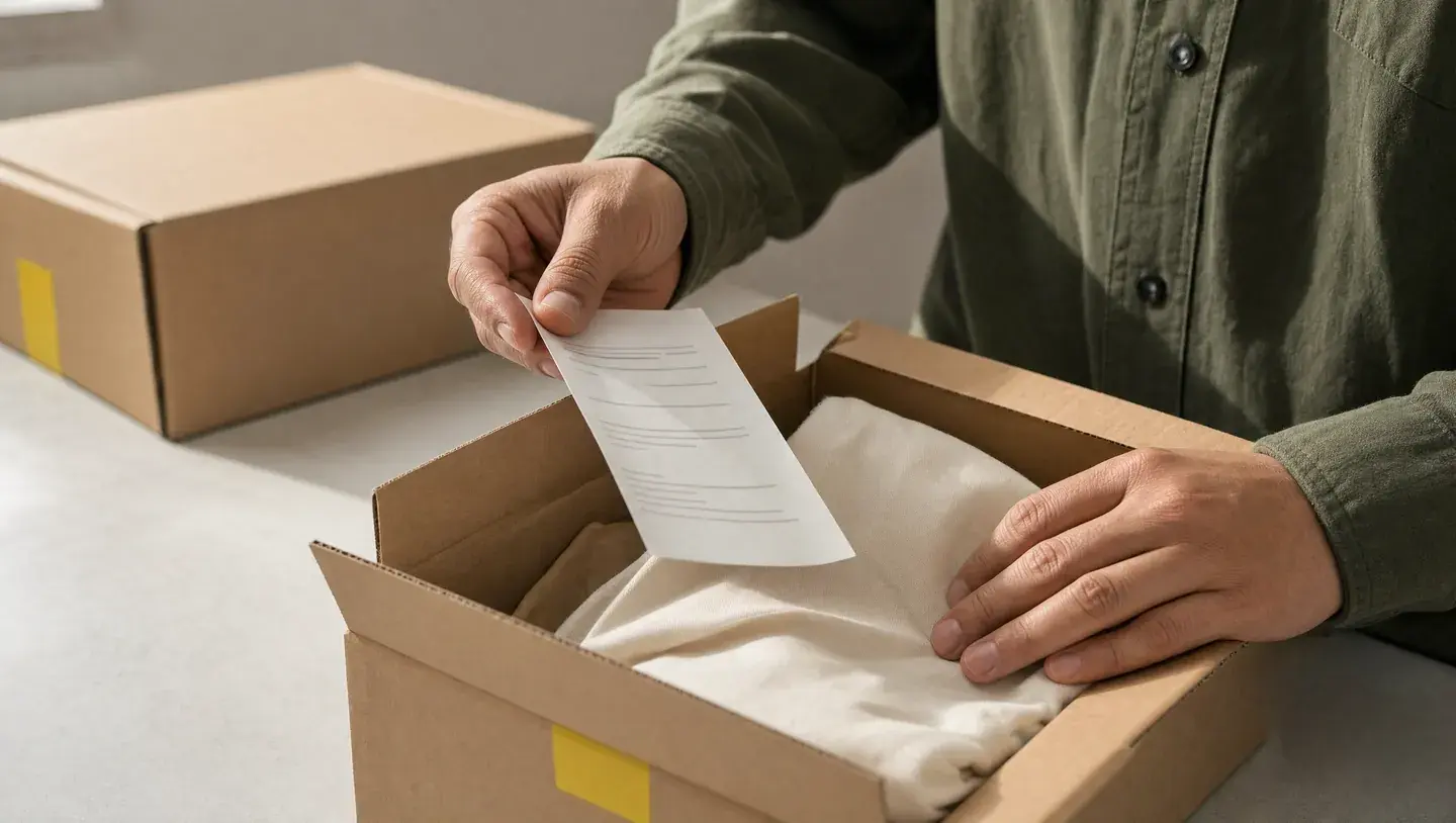 Handen controleren een pakbon boven een geopende doos met ingepakt product