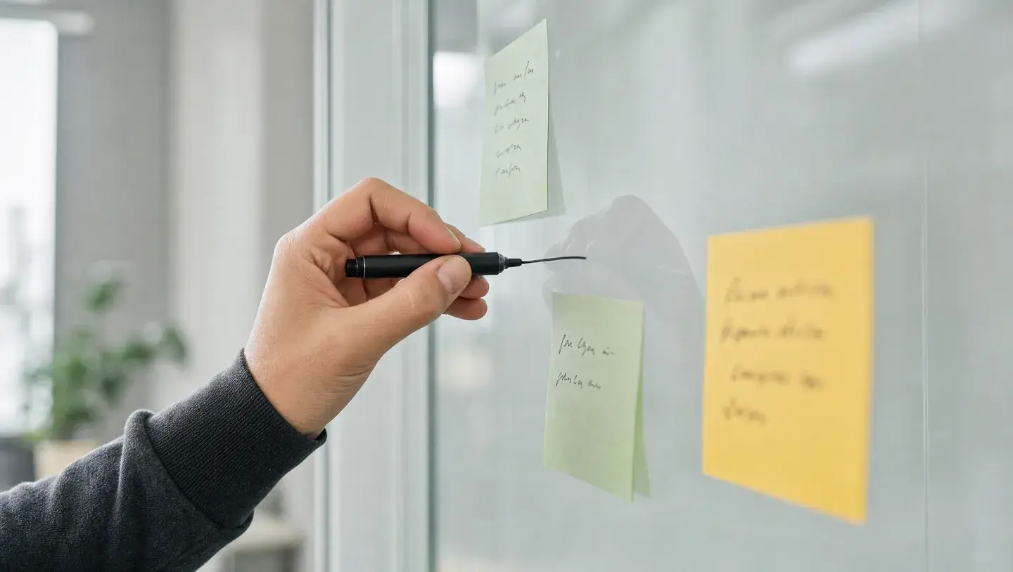 Een hand tekent met een zwarte marker tussen groene en gele notitiekaartjes op een glazen planbord