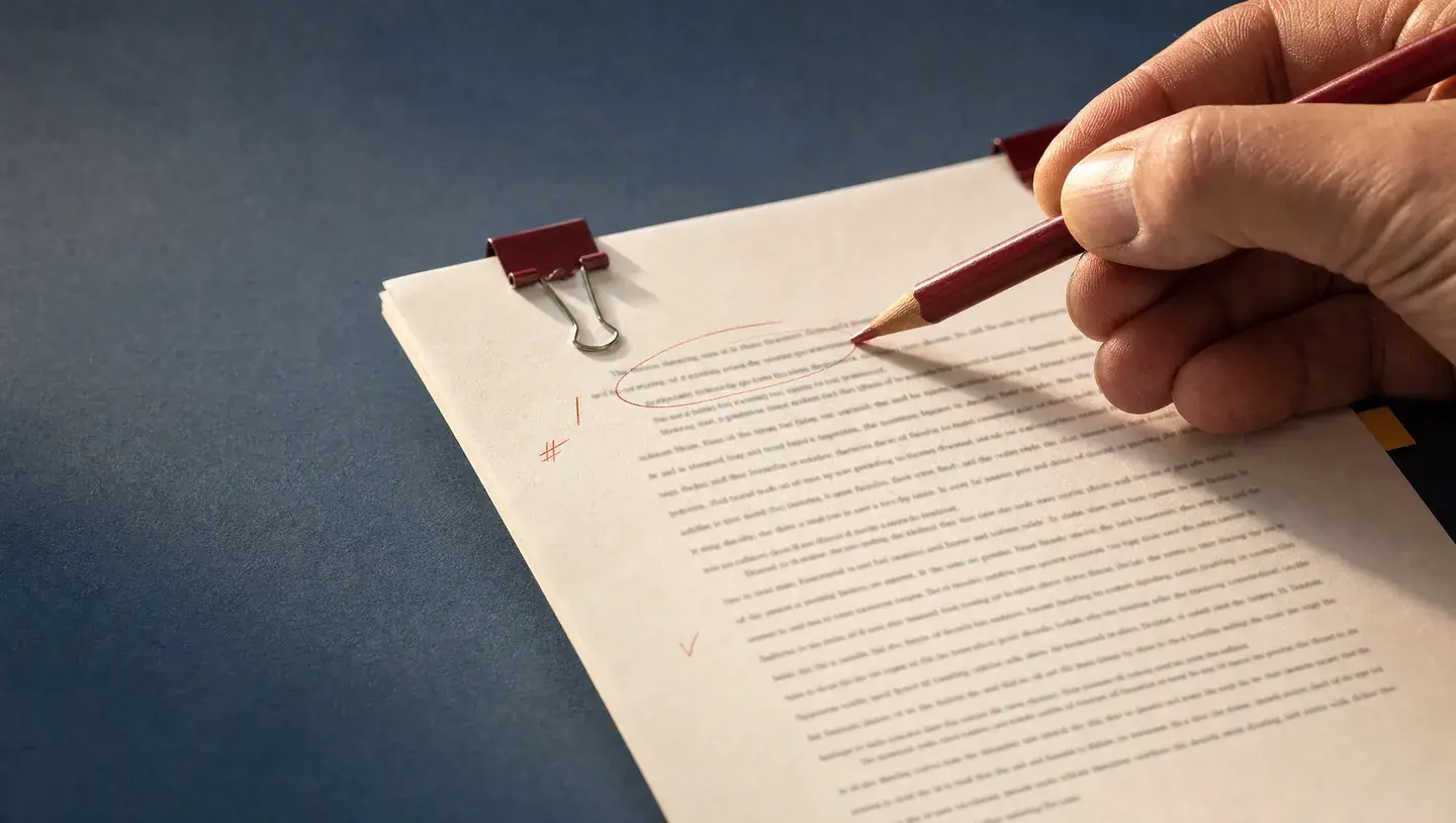 Close-up van een hand die met een rood potlood een passage in een papieren tekst omcirkelt