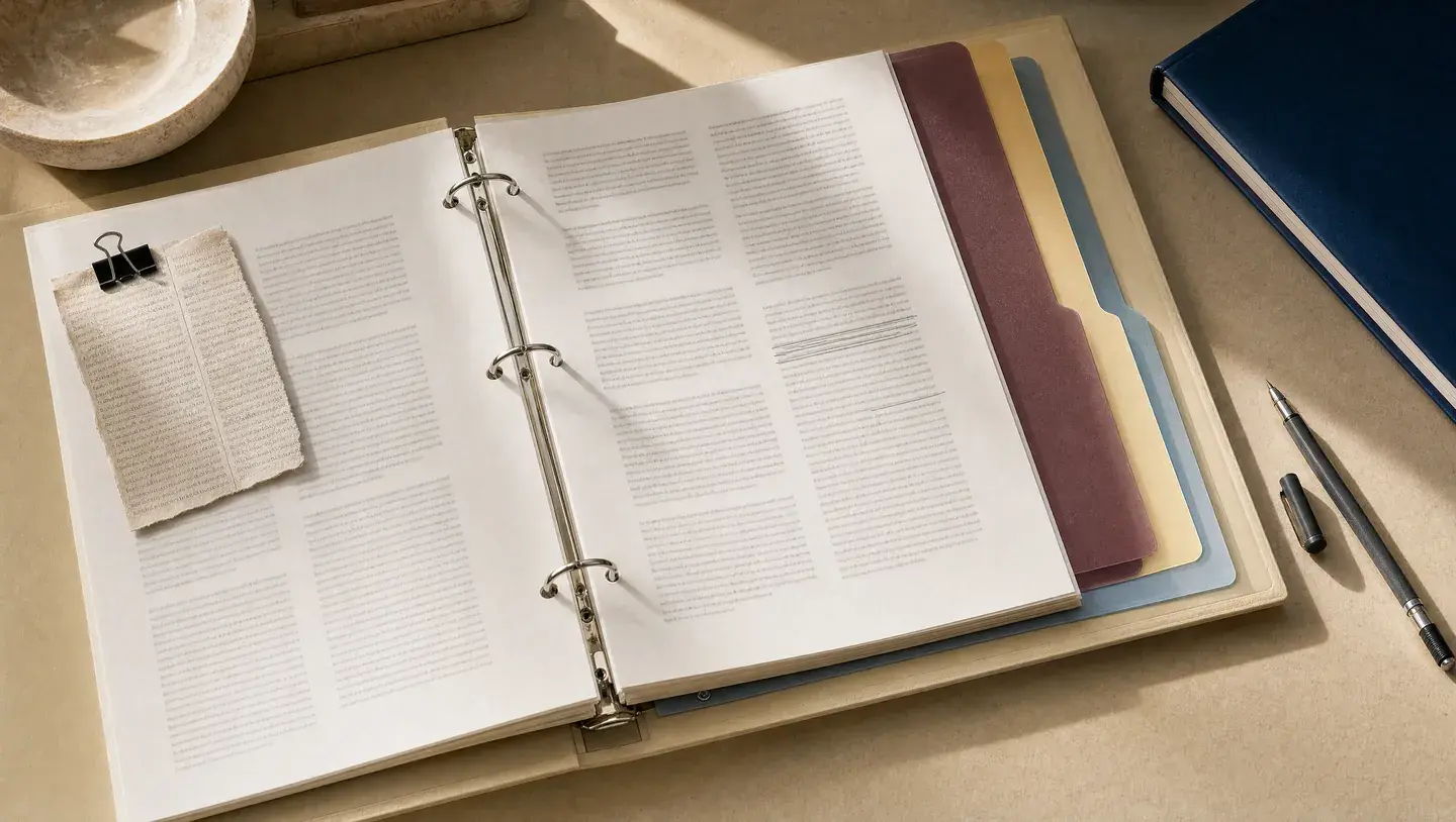 Een open onderzoeksmap met verschillende gekleurde tabbladen, papieren bronnen en een donkerblauw notitieboek