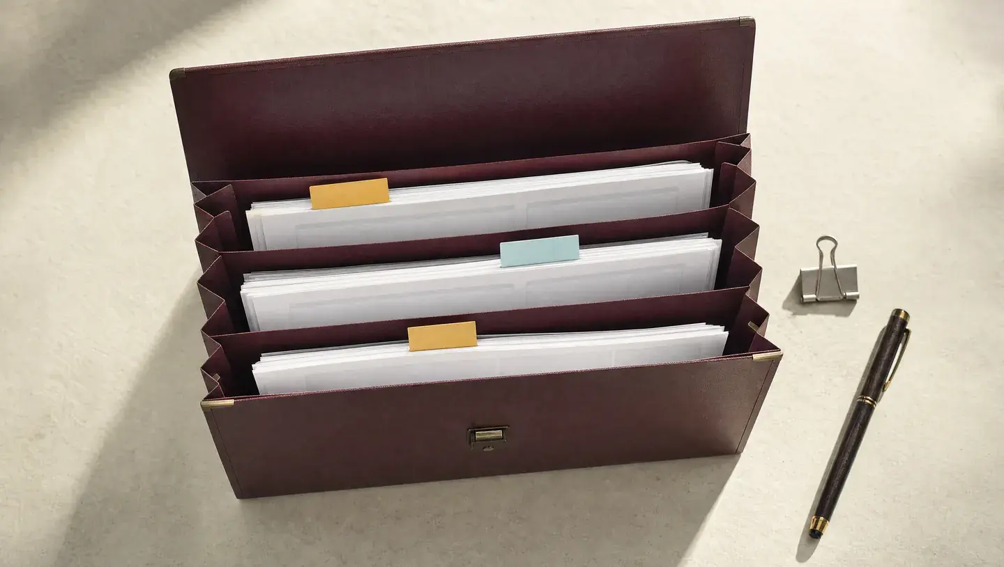 Bordeauxrode documentenmap met gescheiden papierbundels, gekleurde tabs en een pen op een lichte werktafel