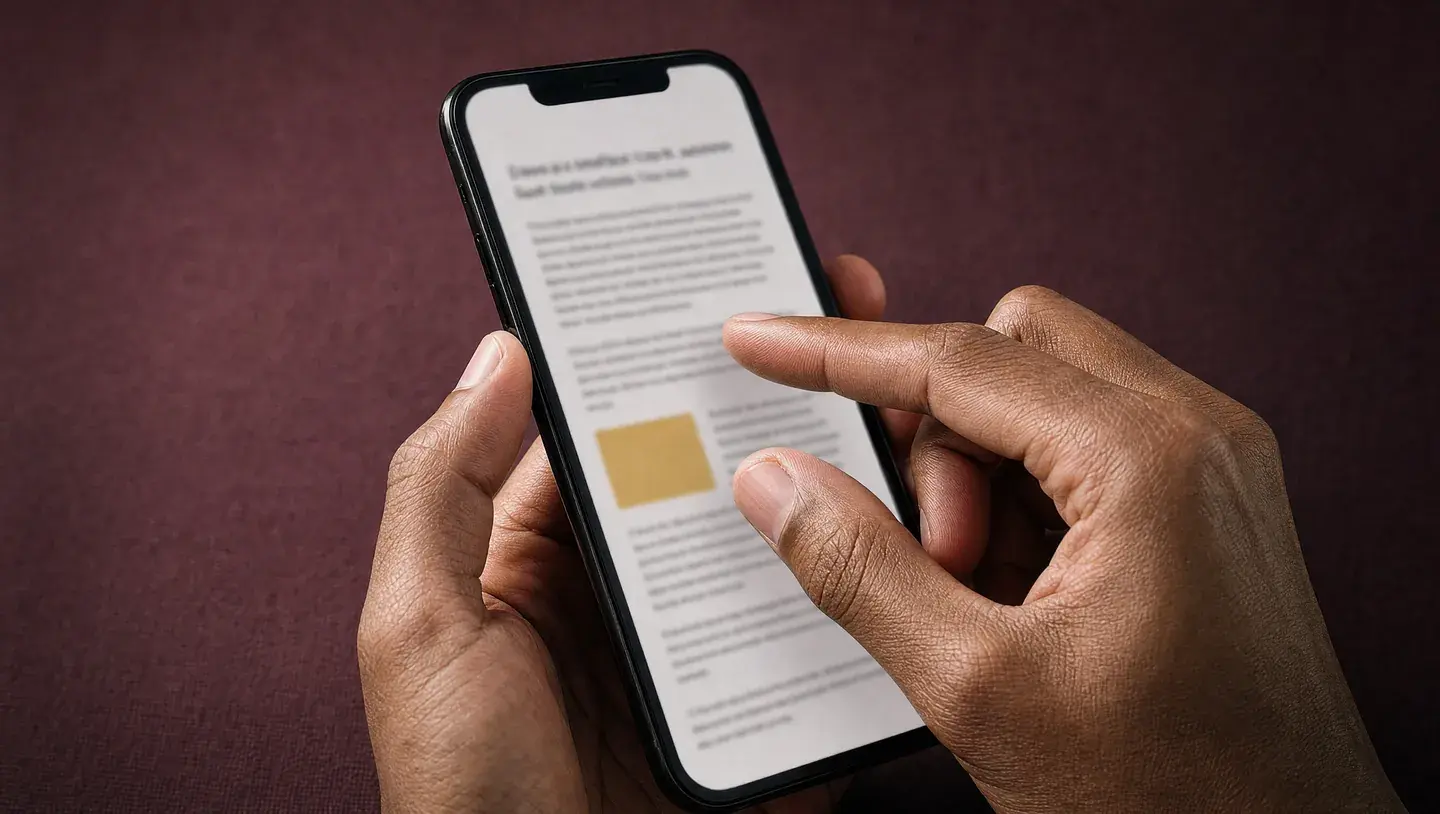 Een hand houdt een telefoon vast terwijl twee vingers van de andere hand de artikelweergave op het scherm bedienen.