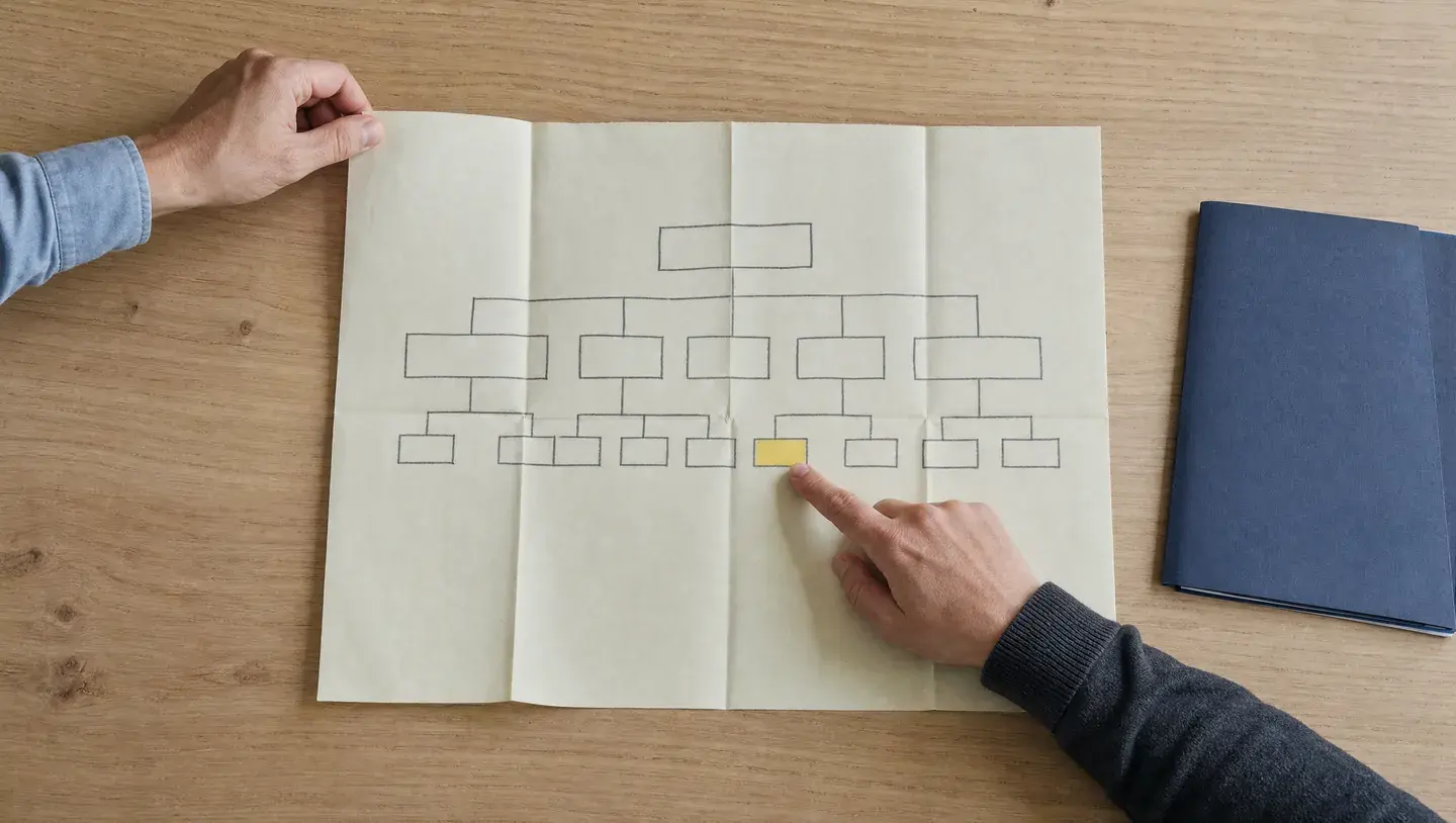 Twee handen bespreken een papieren websitestructuur en wijzen één geel gemarkeerde pagina aan