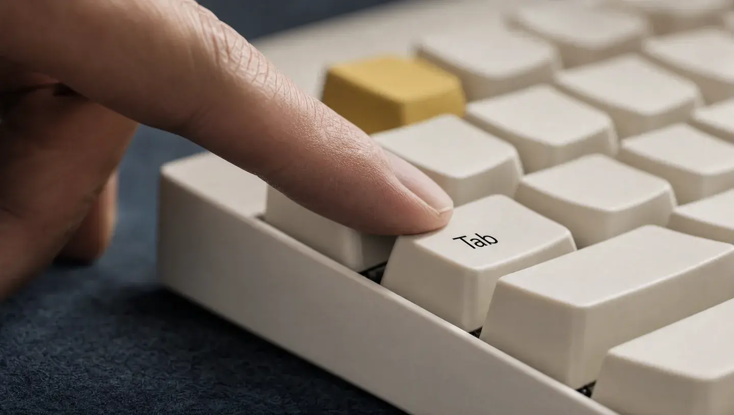 Close-up van een vinger op de Tab-toets van een licht toetsenbord