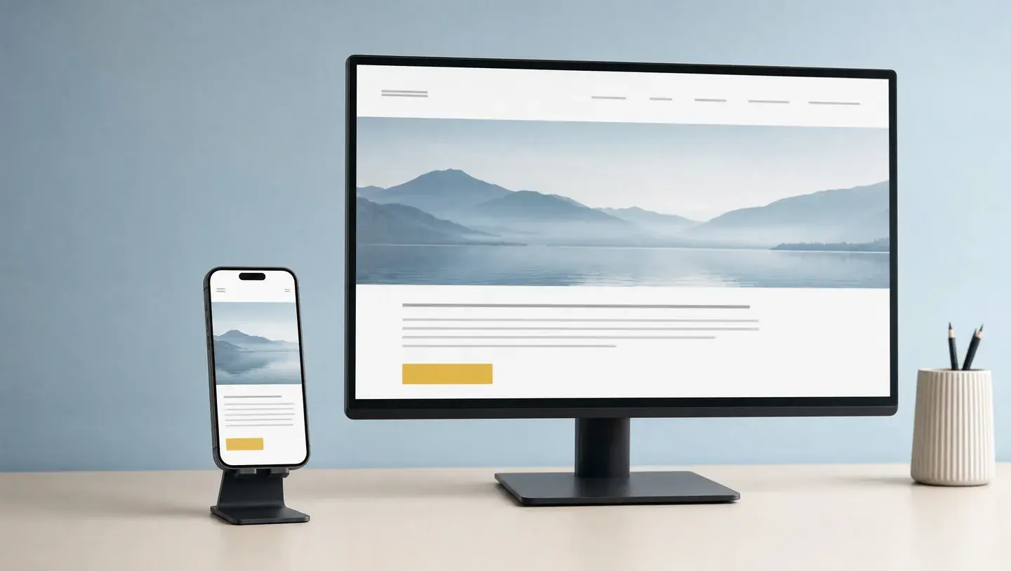 Een telefoon en desktopmonitor tonen dezelfde website in een smalle en brede indeling op een licht bureau