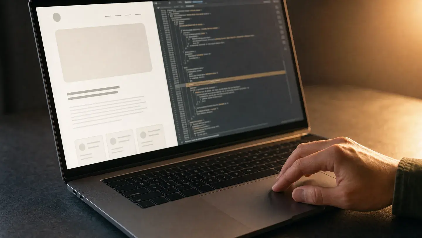 Een hand bedient een laptop met een websitevoorbeeld en codeweergave tijdens technisch onderzoek