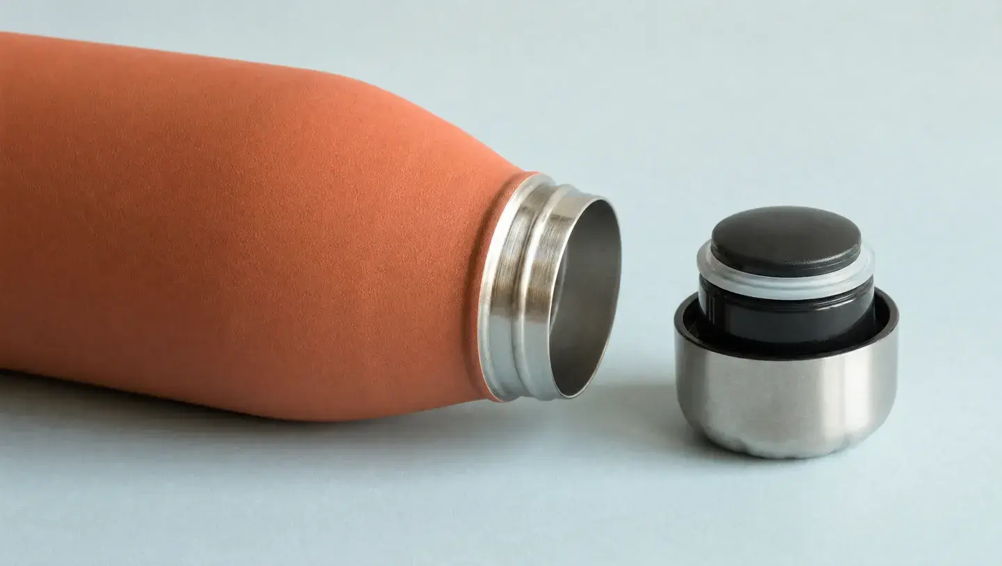 Close-up van de schroefdraad en dop van een oranje drinkfles