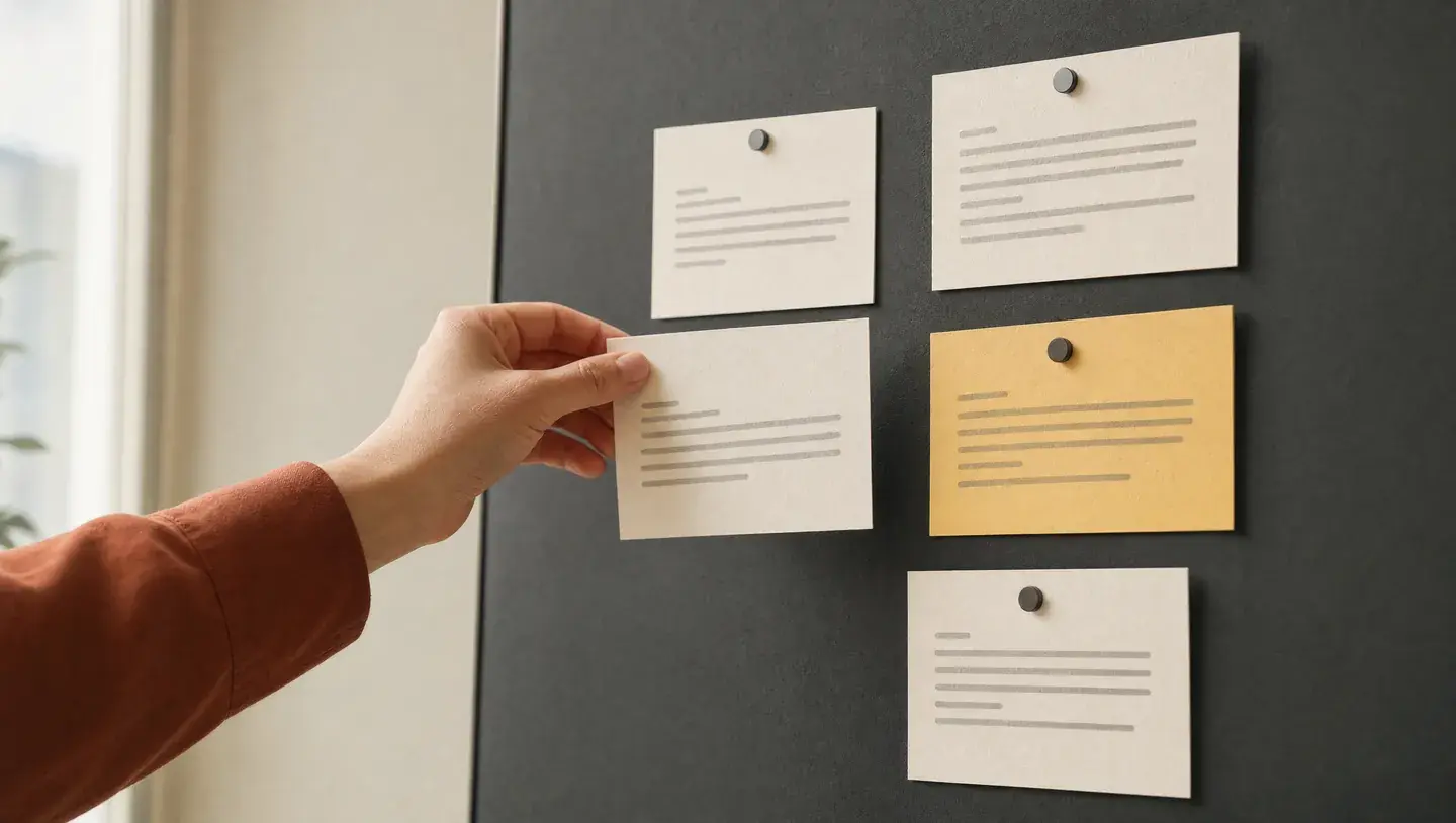 Een hand ordent losse inhoudskaarten op een donker planbord met één gele kaart