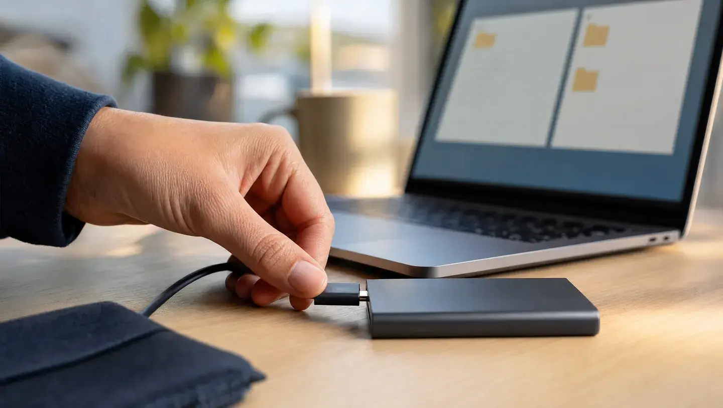 Een hand sluit een externe opslagschijf aan op een laptop