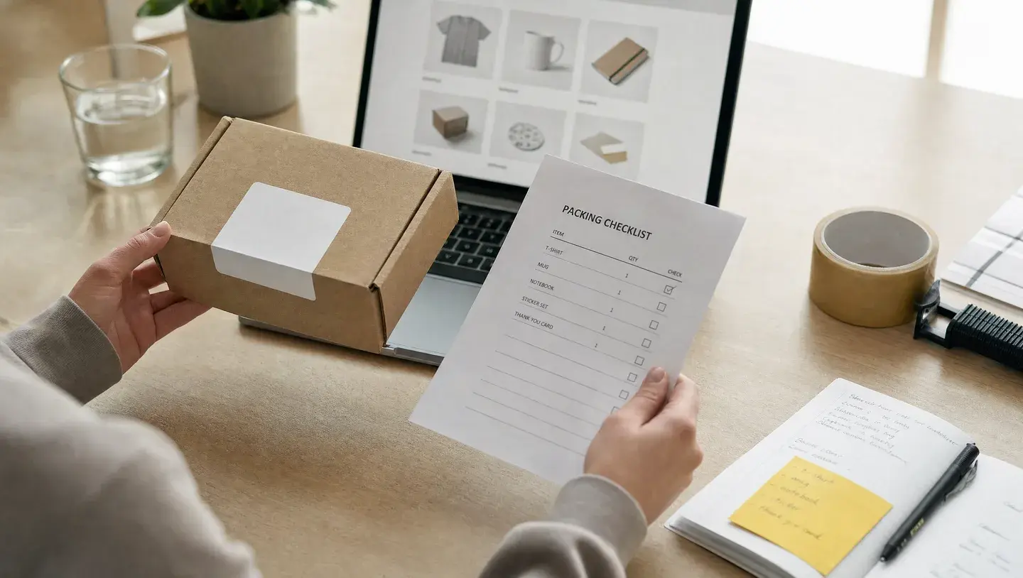Handen vergelijken een paklijst en verzenddoos met een productoverzicht op een laptop