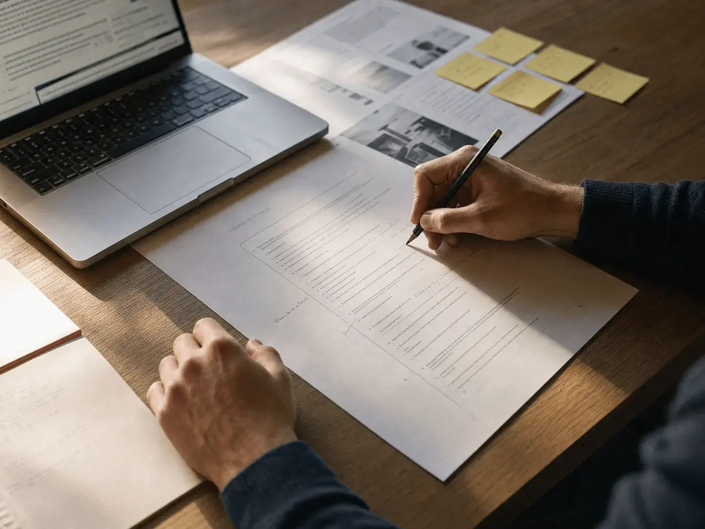 Notities bij bronmateriaal en een laptop worden gecontroleerd