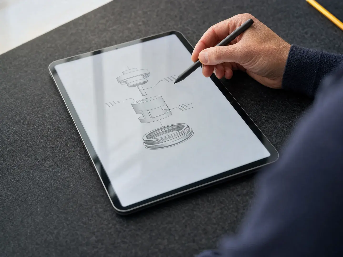 Hand met stylus bij een technische schets op een tablet