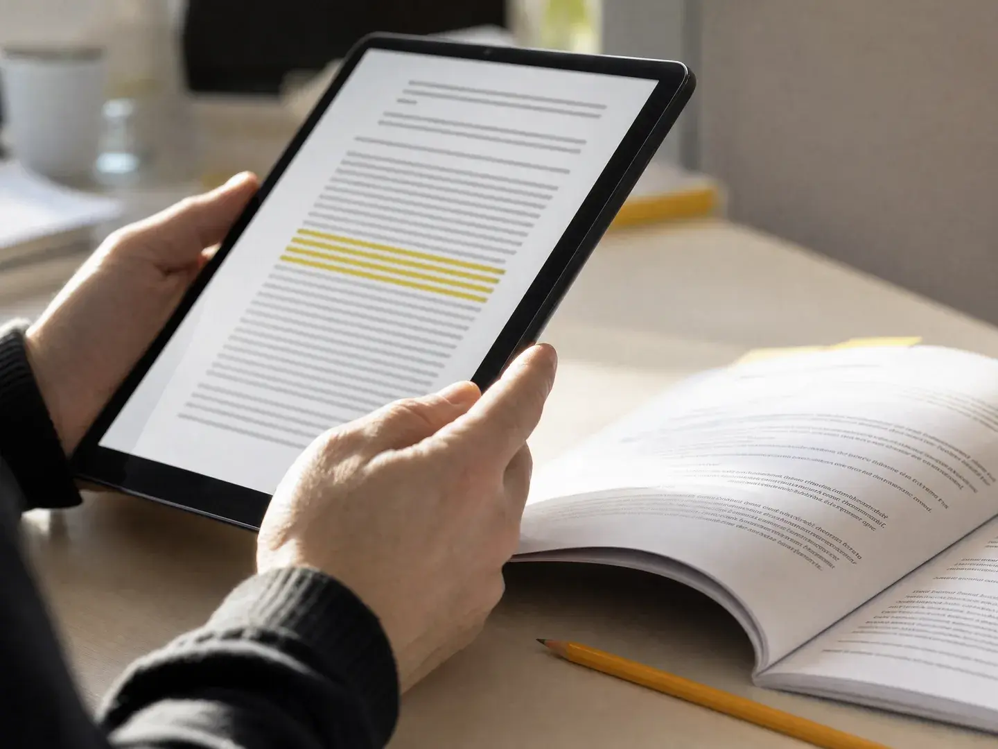 Handen vergelijken een gemarkeerde passage op een tablet met een open brondocument