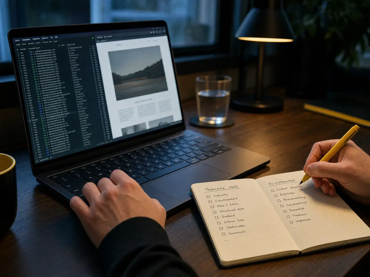 Handen leggen een controle op een laptop vast in een notitieboek
