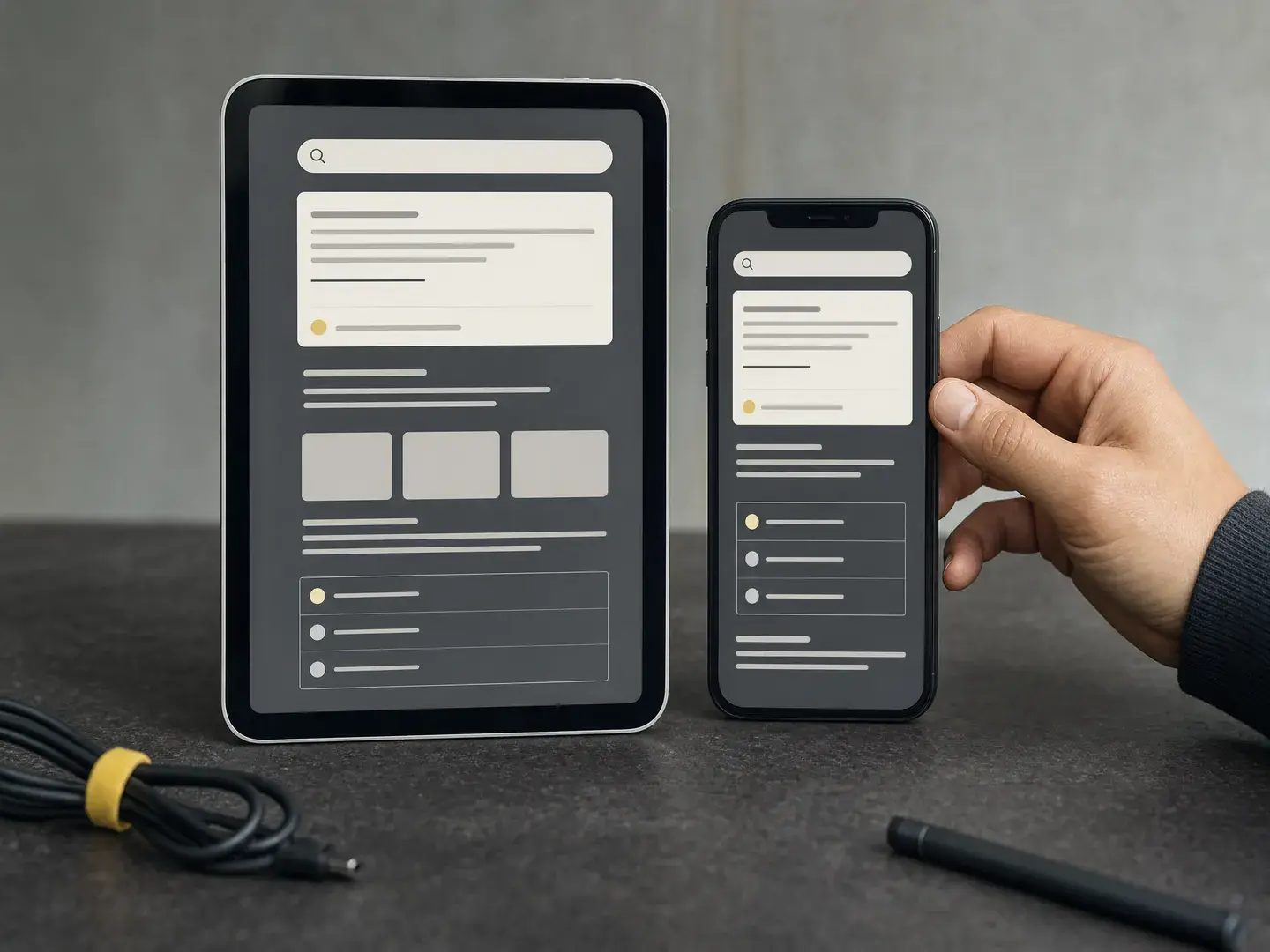 Zoekresultaatweergaven op tablet en telefoon worden naast elkaar vergeleken