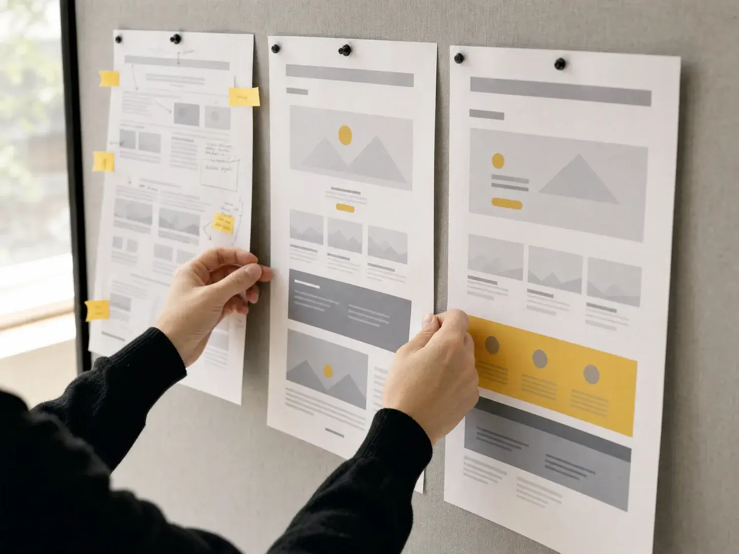 Handen vergelijken drie pagina-uitwerkingen aan een wand