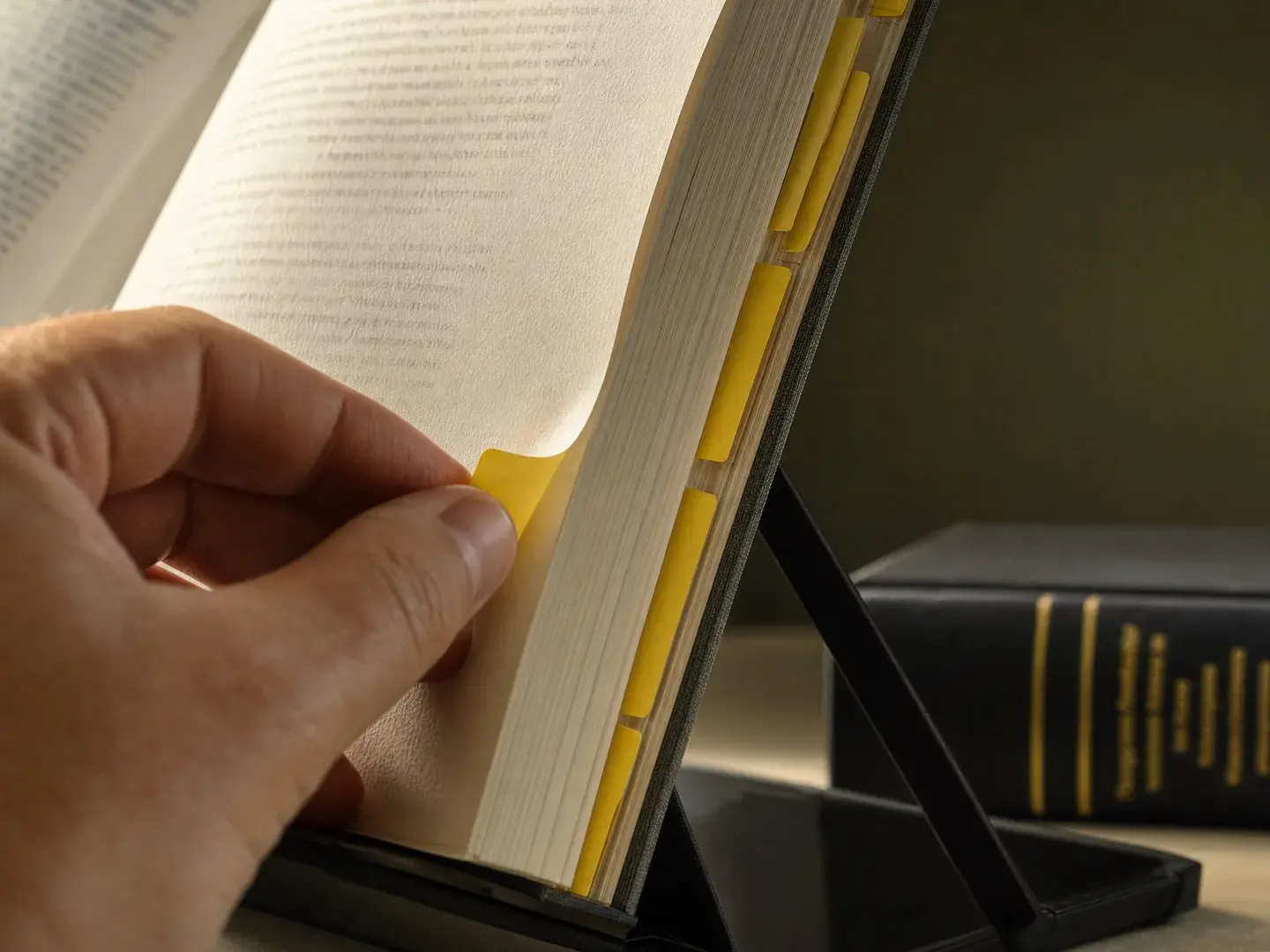 Hand bij een geel tabblad in een opengeslagen naslagwerk op een boekenstandaard