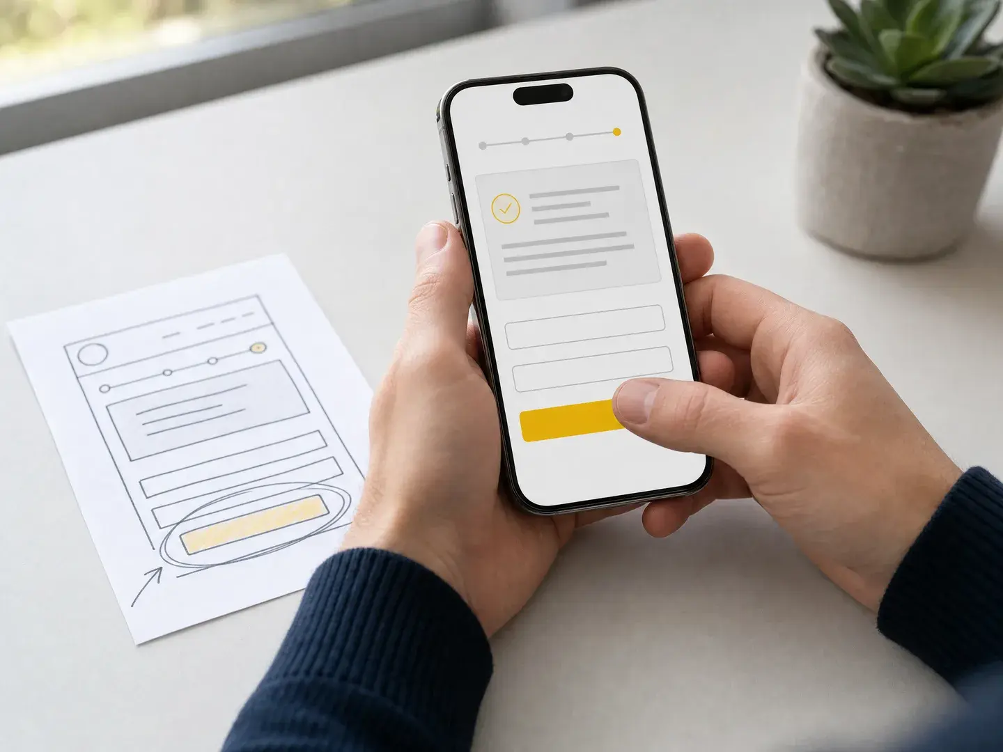 Handen controleren een mobiele aanvraagpagina naast een papieren formulier