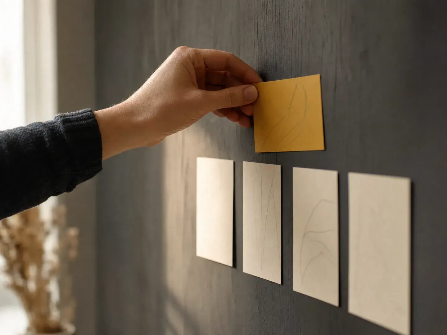 Hand die een gele prioriteitskaart op een donkere planwand plaatst