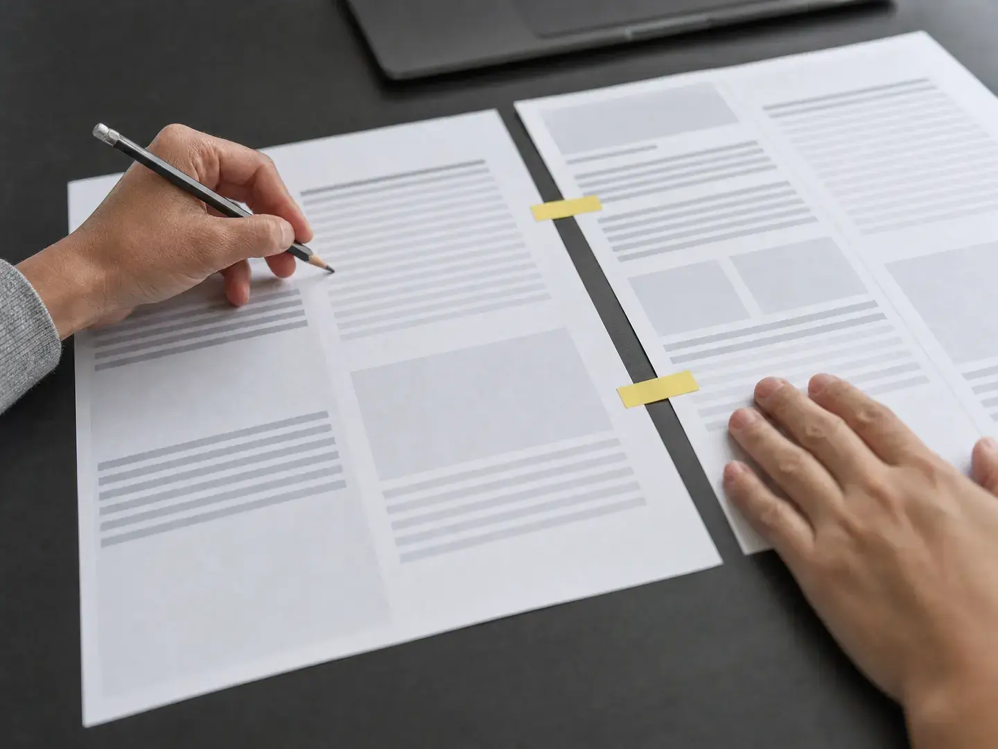 Handen controleren twee pagina’s met gele markeringen tijdens een overdracht