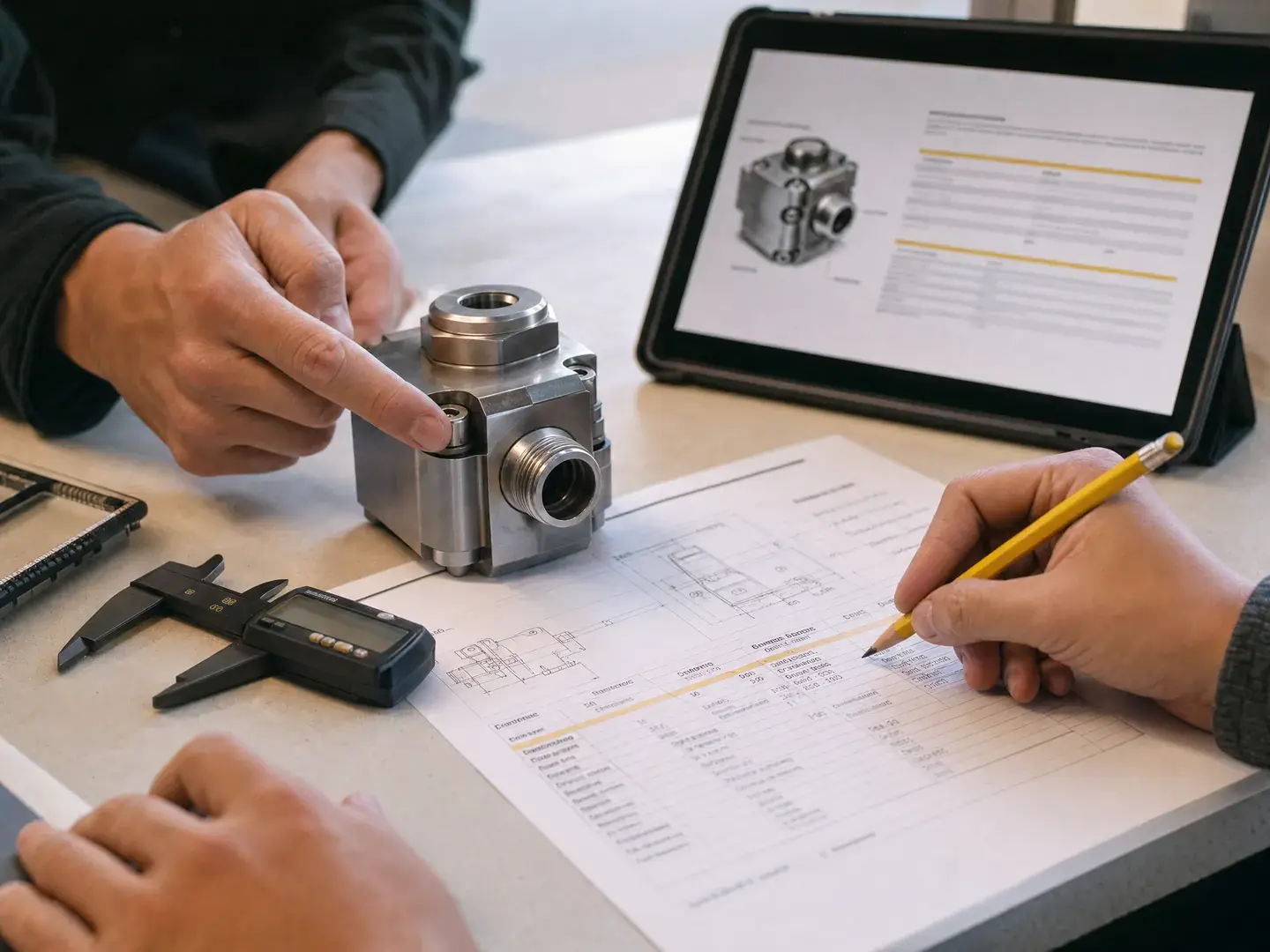 Handen controleren een metalen onderdeel naast een specificatieblad en tablet