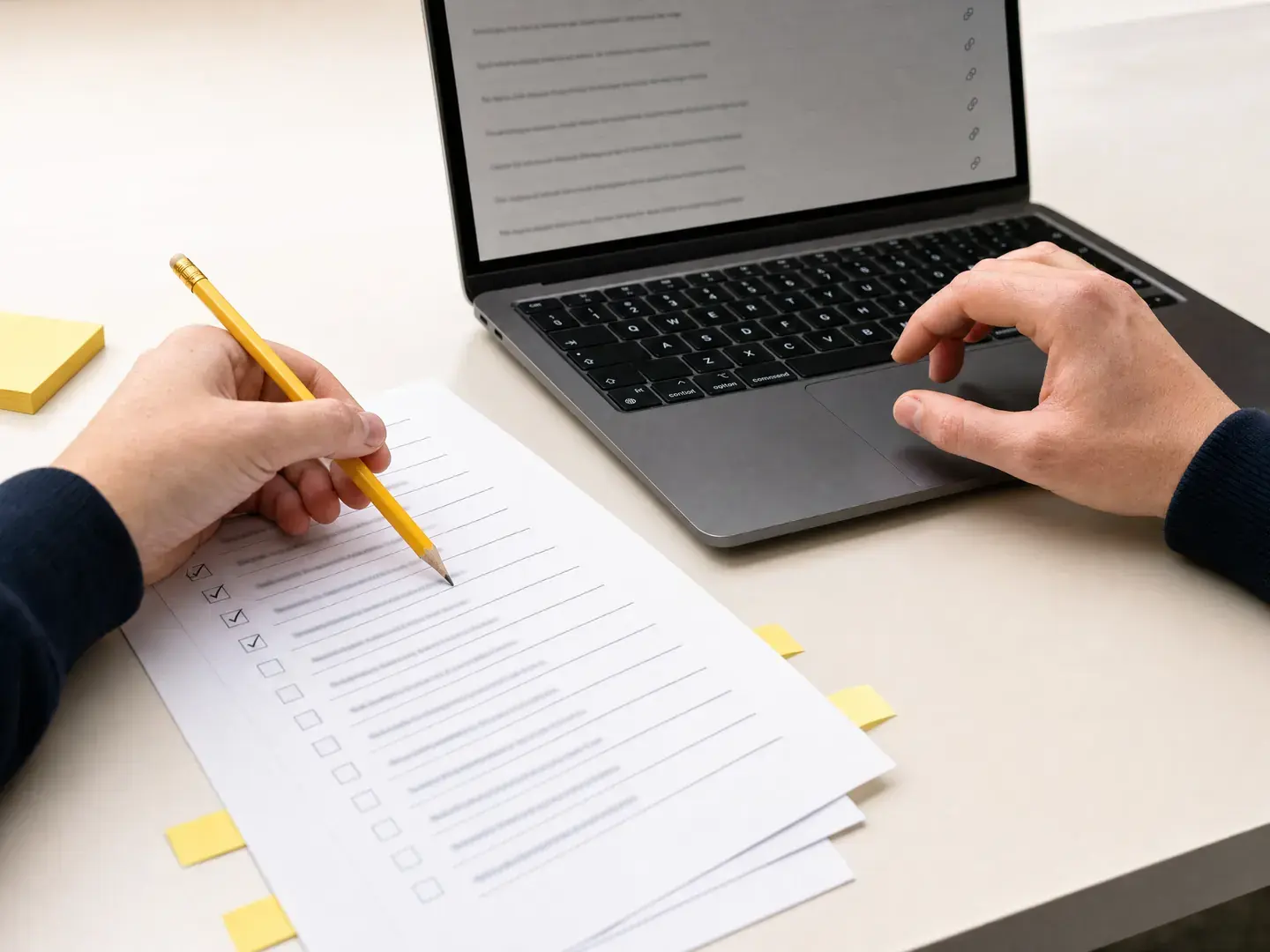 Handen controleren een bronnenlijst op papier naast een laptop met bronlinks