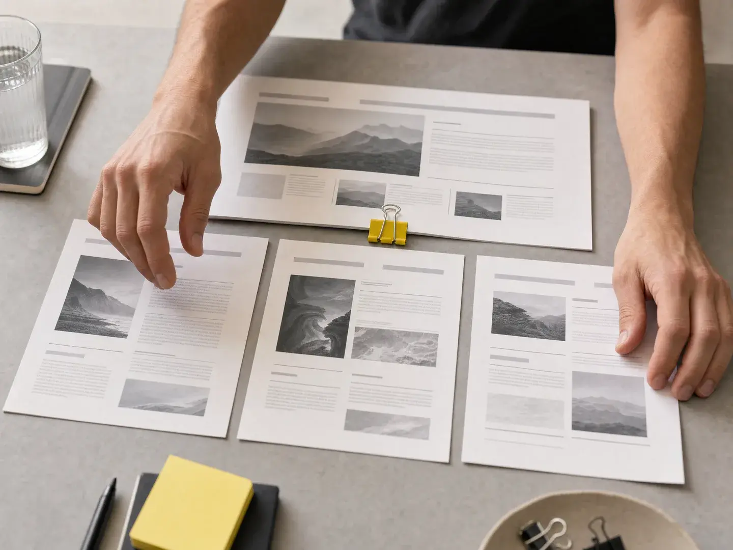 Handen ordenen pagina-uitwerkingen op een werktafel