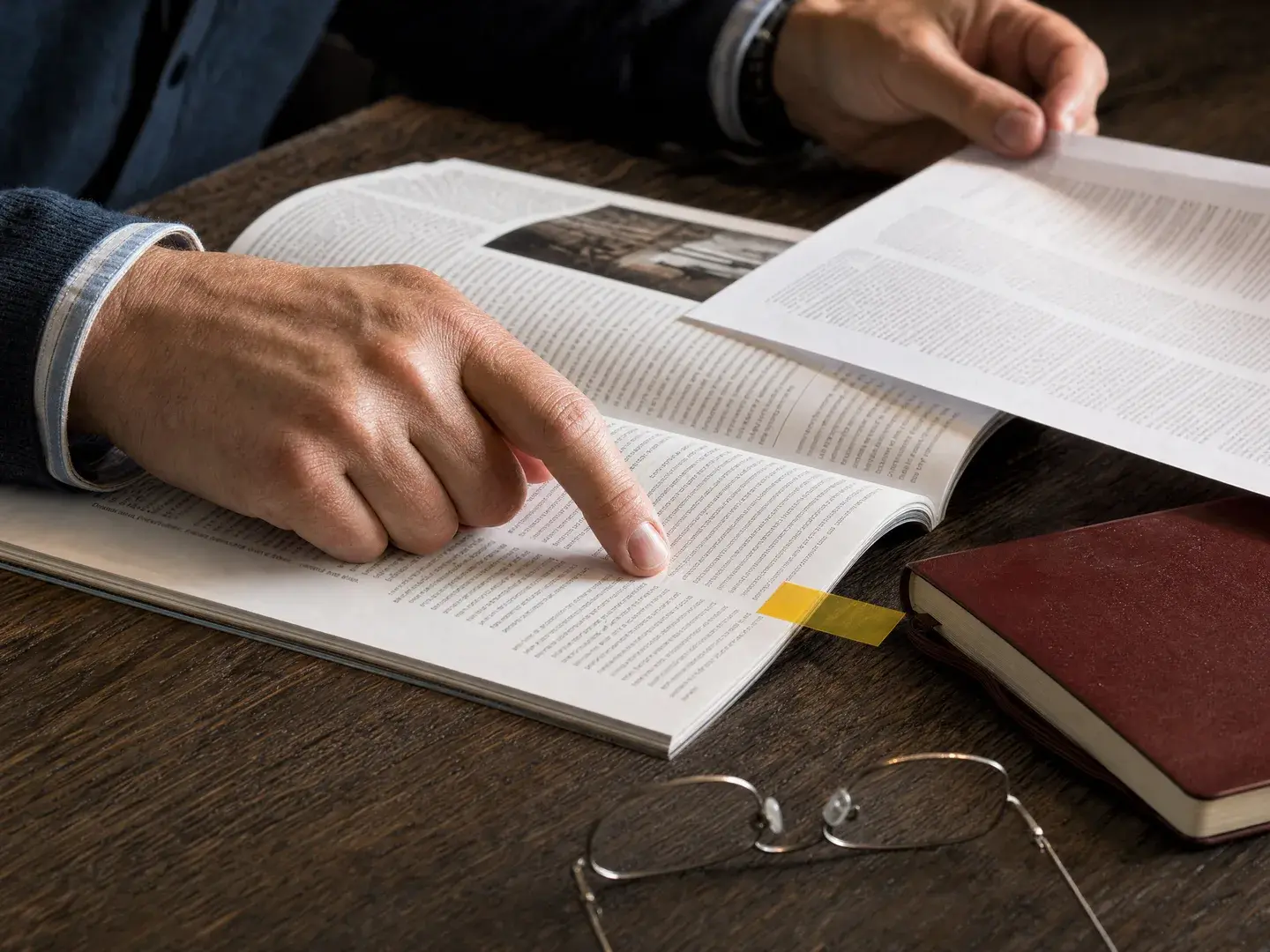 Een hand vergelijkt een passage in een boek met geannoteerd bronmateriaal