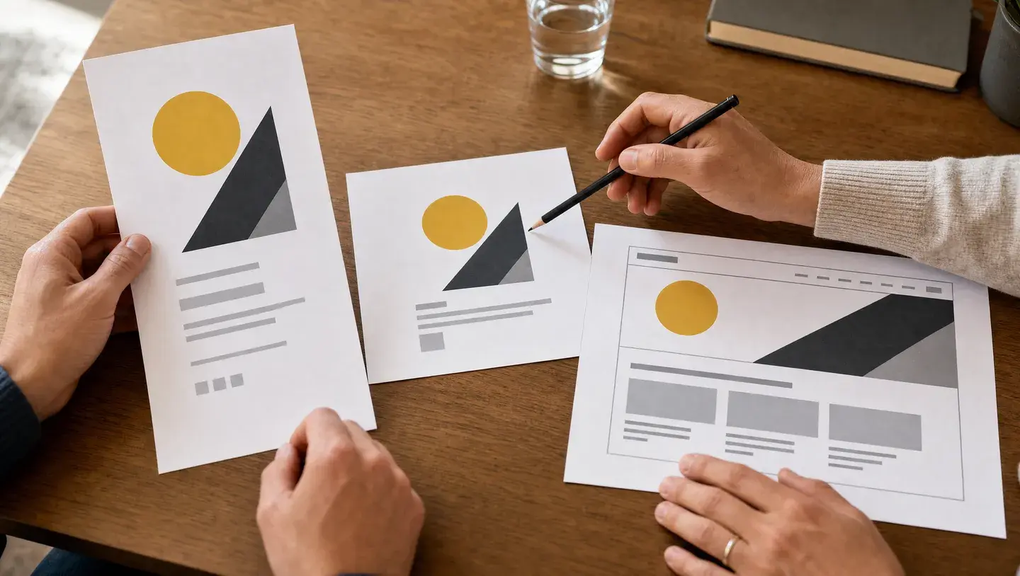 Handen vergelijken drie geprinte ontwerpen met dezelfde gele cirkel en grijze vormen in verschillende formaten.