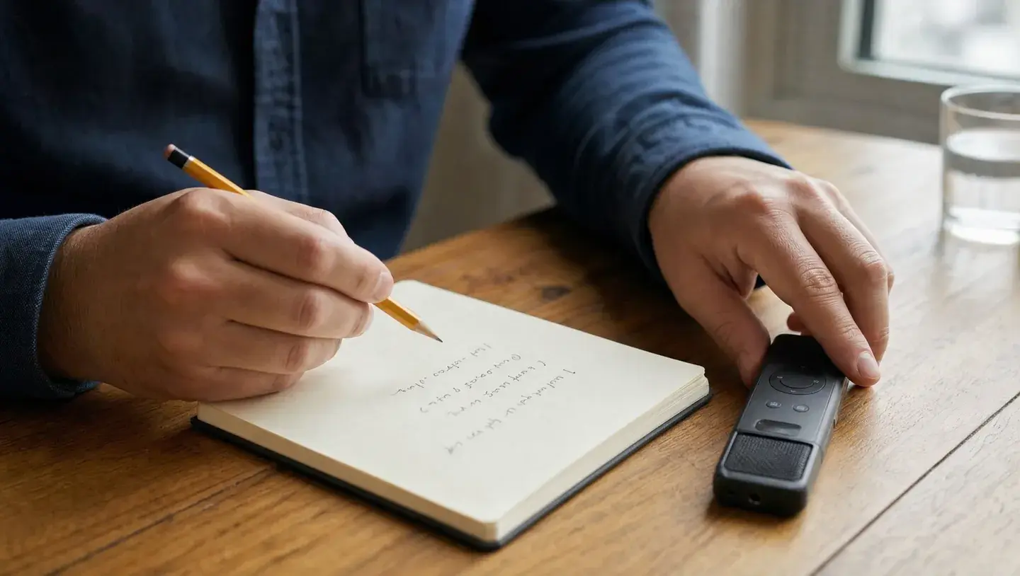 Handen leggen een recorder en notitieboek klaar voor een inhoudelijk gesprek