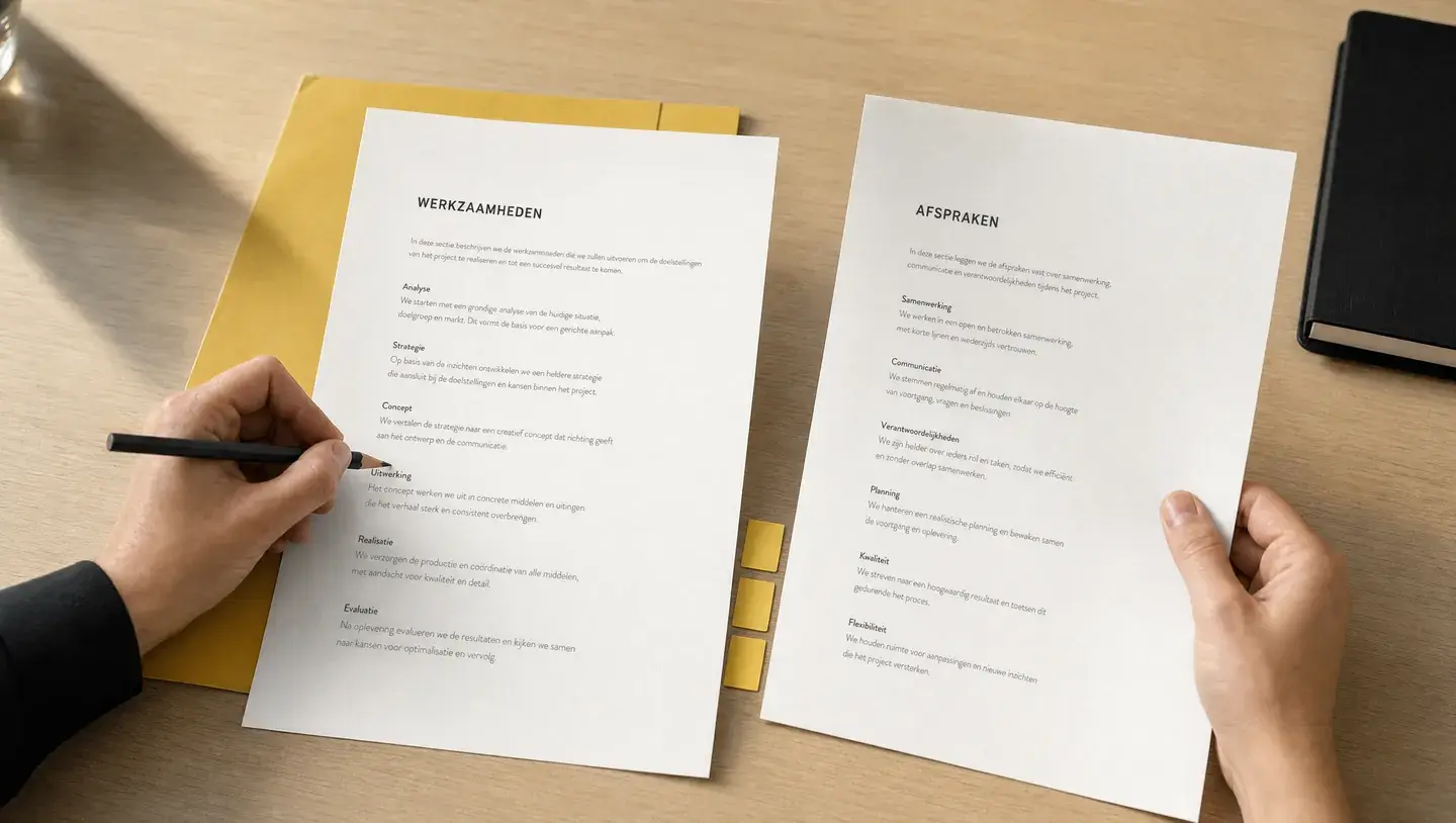 Handen vergelijken twee papieren werkvoorstellen op een tafel