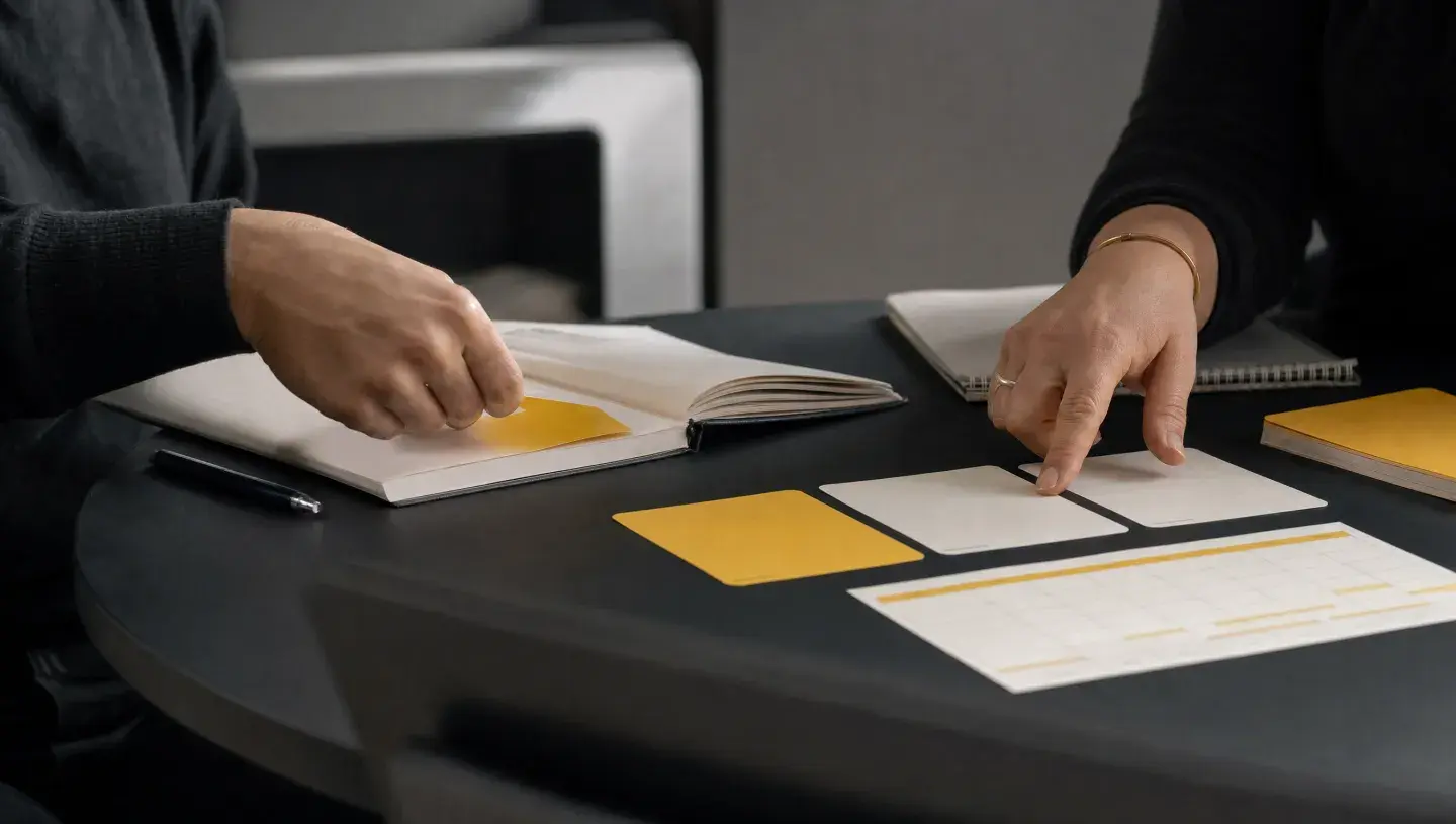 Twee mensen stemmen met kaarten en een notitieboek een redactionele werkplanning af