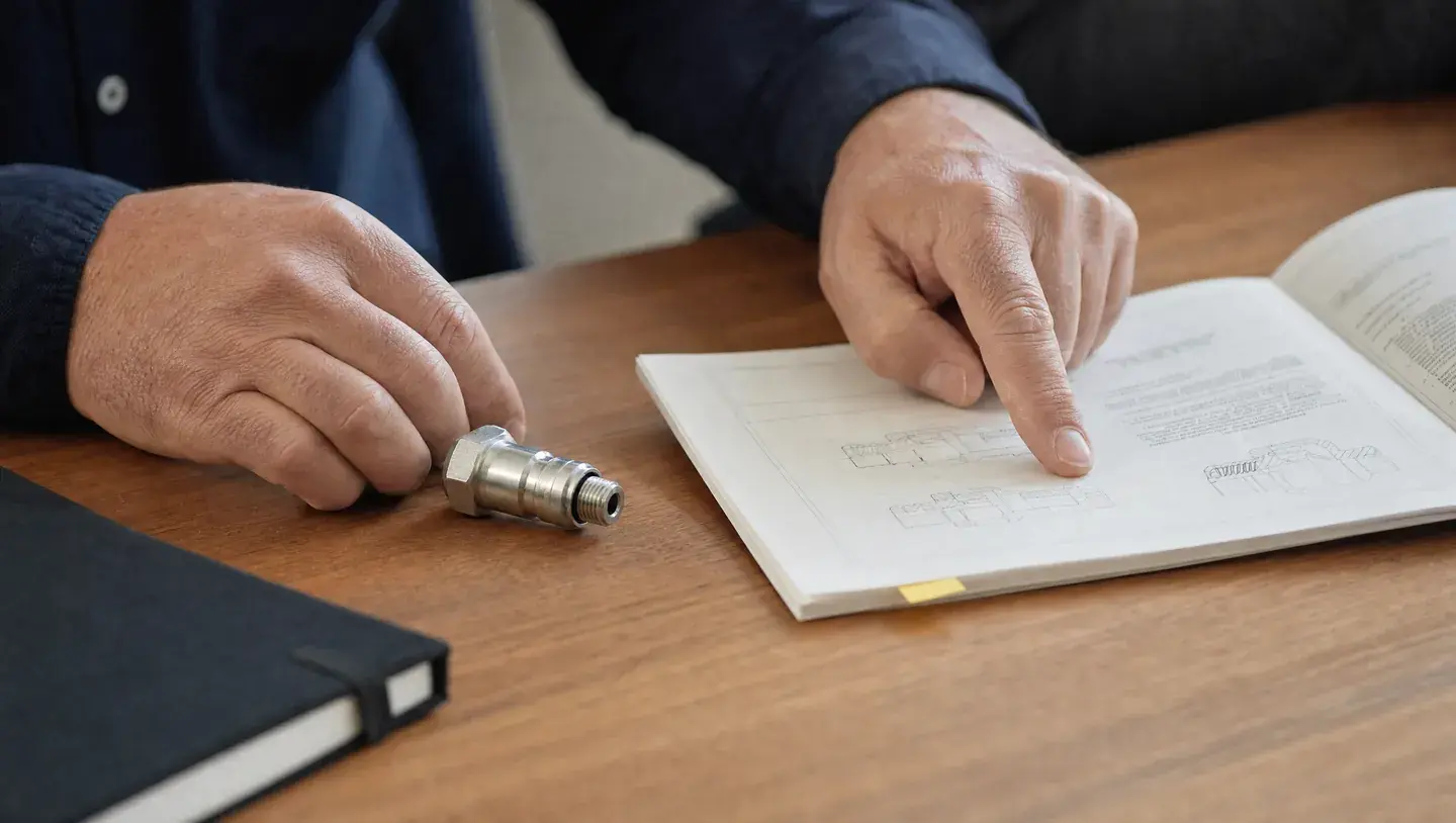 Handen vergelijken een metalen onderdeel met de technische informatie in een boekje