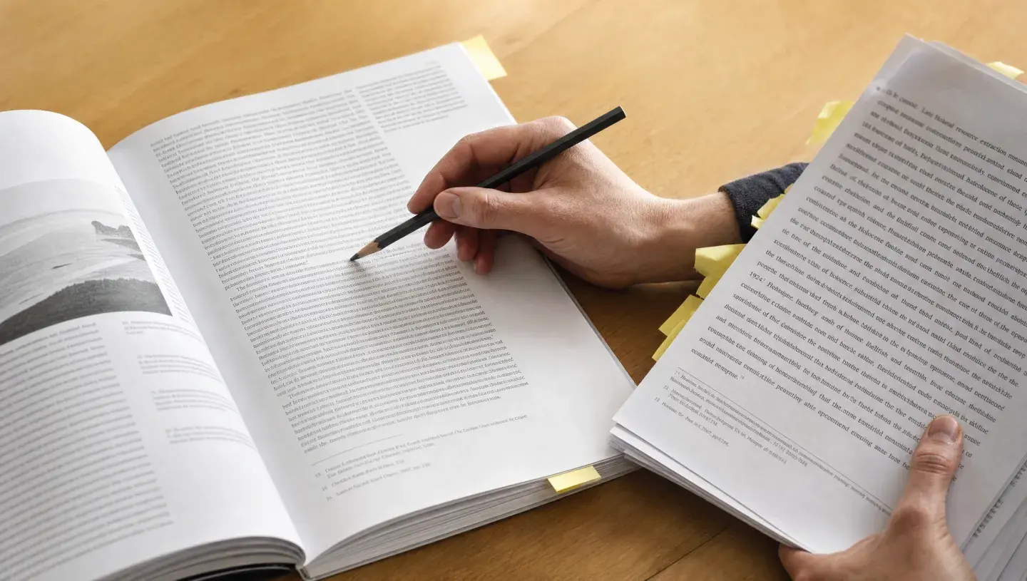 Een hand vergelijkt een tijdschriftartikel met bronmateriaal en markeert een passage